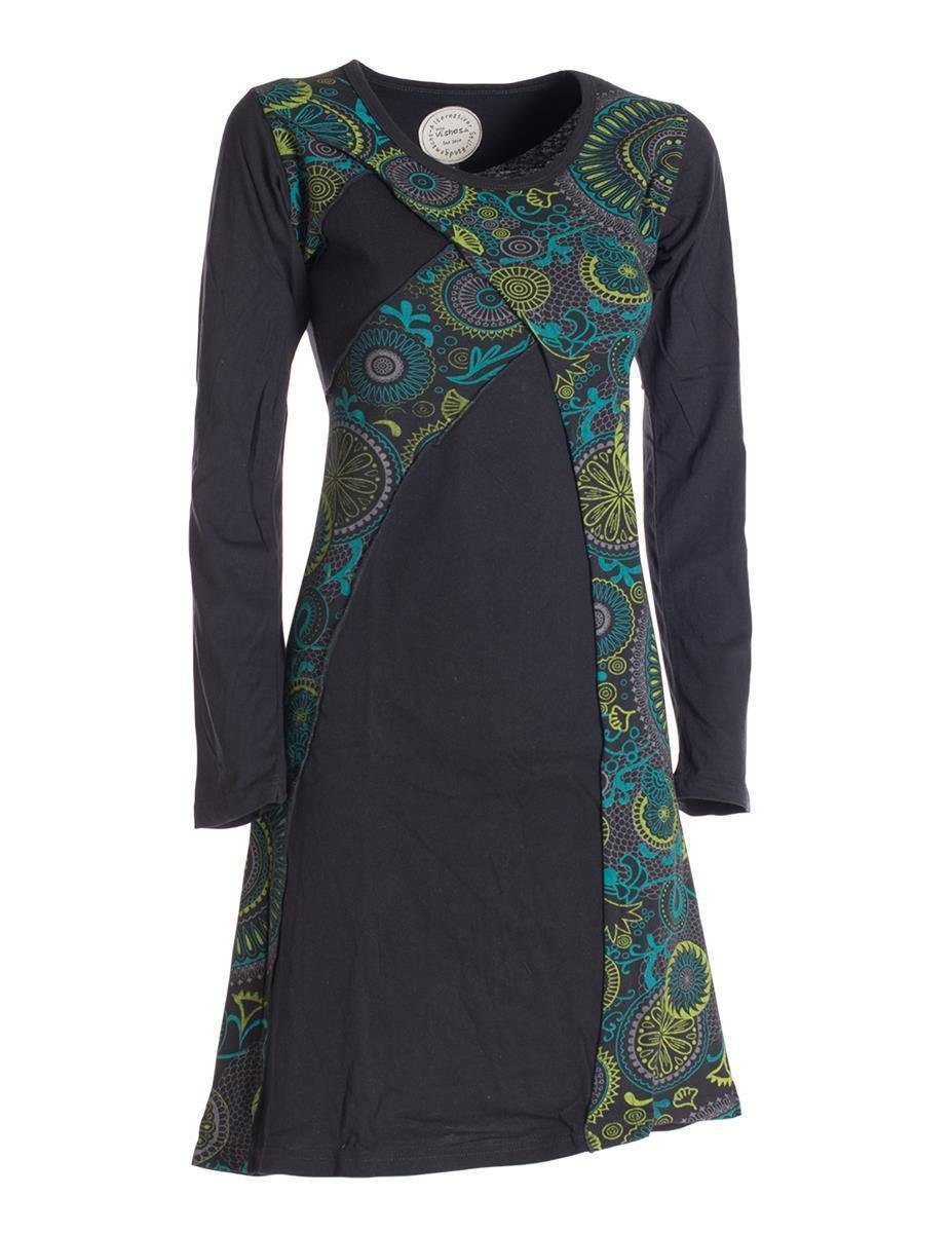 Vishes Jerseykleid Rundhals Damen Ethno, Langarm Baumwollkleid Kleid Mandala Elfen Hippie, Blumenkleid Style schwarz