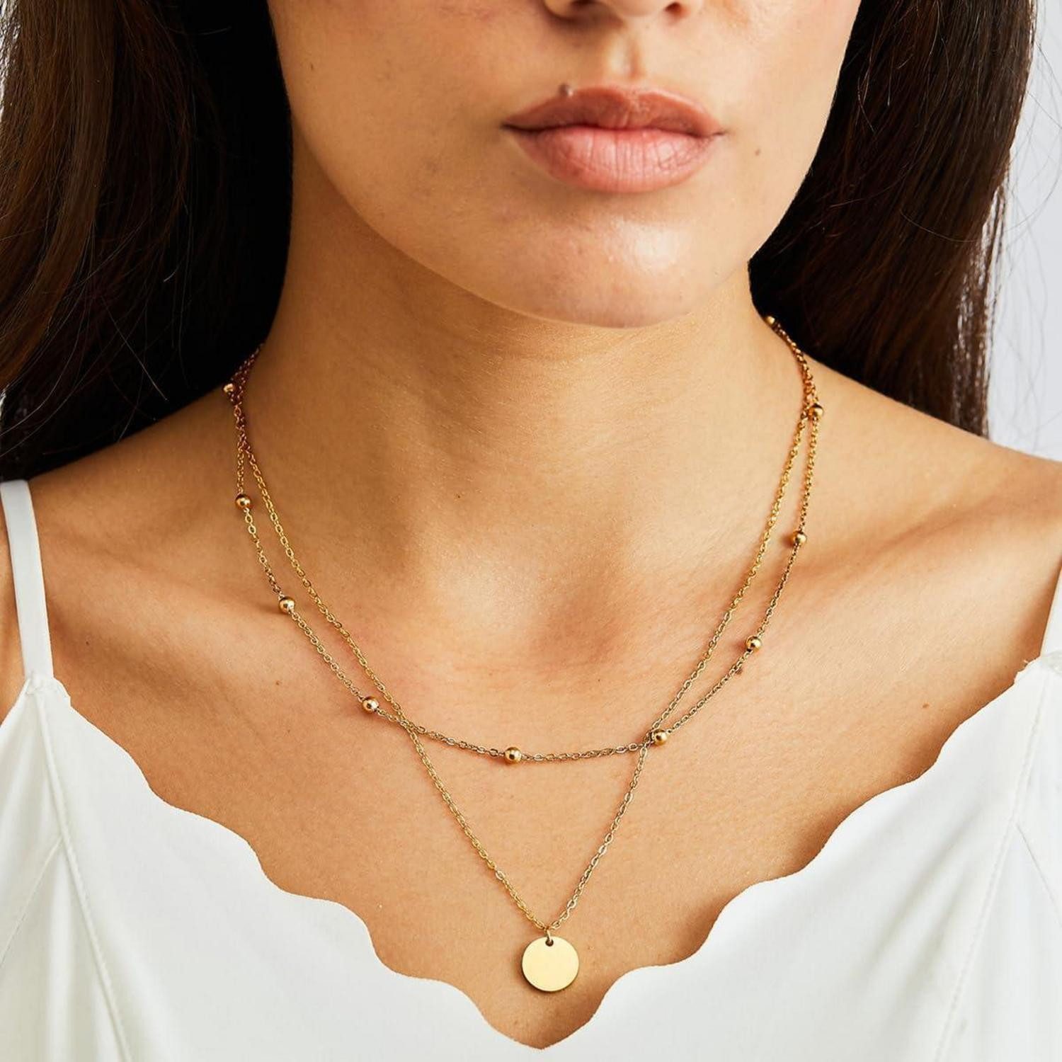 LuxusKollektion Kette und Anhänger Set Damen Layered Kette Silber Gold Multilayer Halskette Coin Anhänger