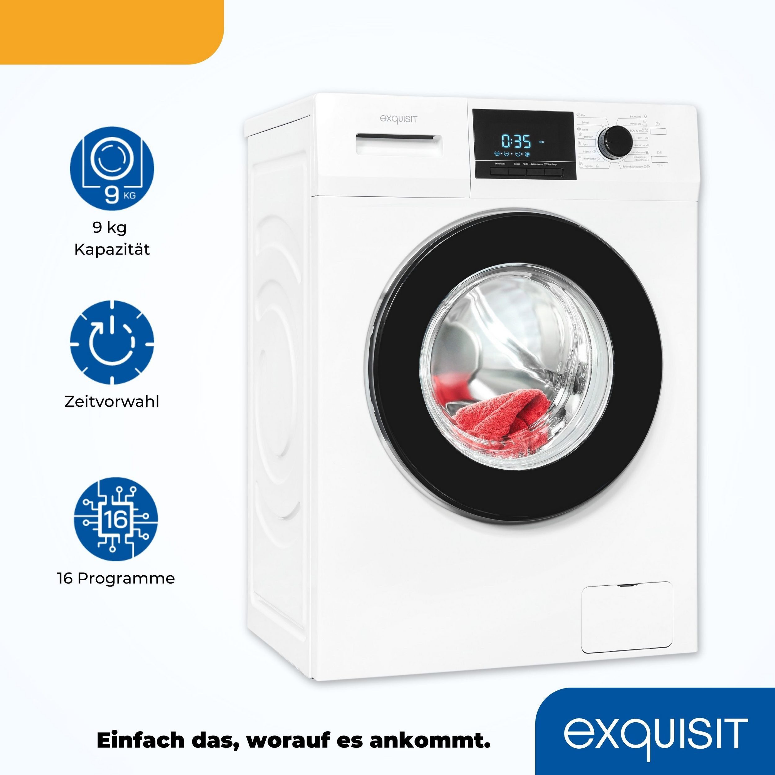 exquisit Waschmaschine WA59214-340A weiss, 9 kg, 1400 U/min, Knitterschutz, Startzeitvorwahl, Mengenautomatik