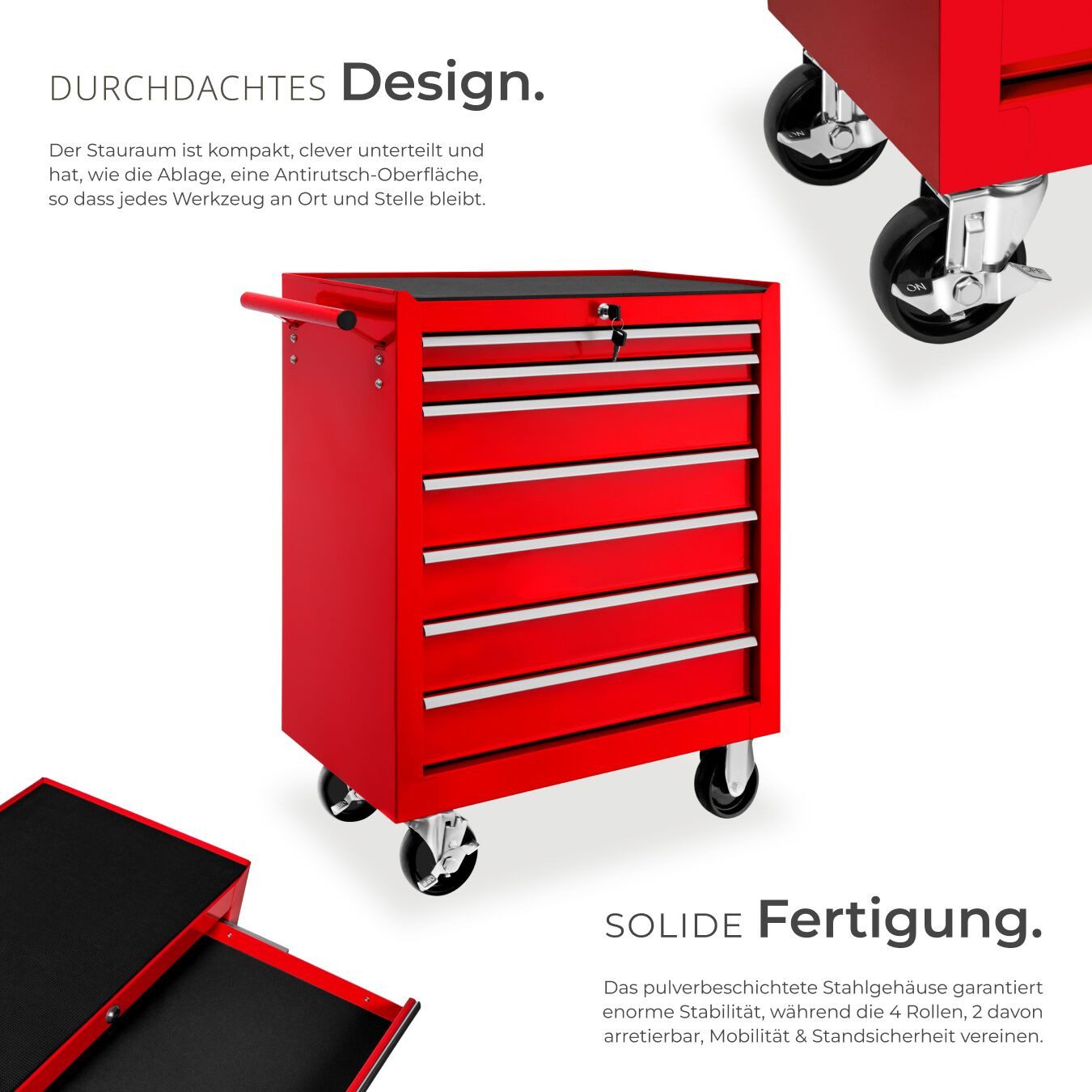 tectake Werkzeugwagen Werkstattwagen, Belastbarkeit 150 kg, zentrale, rot, (Werkzeugkoffer leer, in rot), 7 kugelgelagerte Schubladen mit Antirutschmatten, Rollen Ø 100 mm