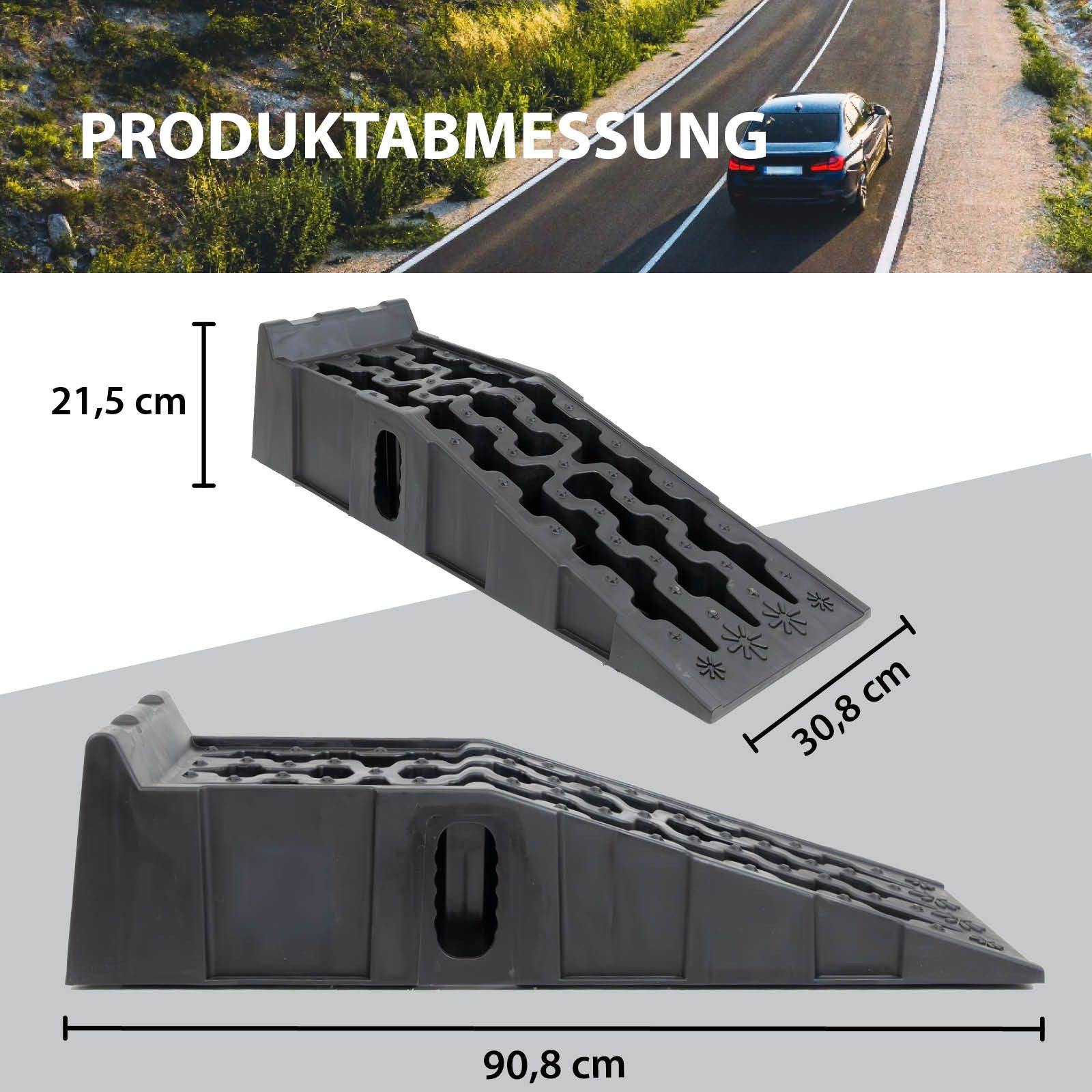 TRUTZHOLM Auffahrrampe 2x Auffahrkeil mit Überfahrstopper 90 x 28 x 22 cm 5t Traglast für PKW (2er Set), Hohe Tragkraft,Rutschfeste Oberfläche,Kunststoff – Bild 3 von 5