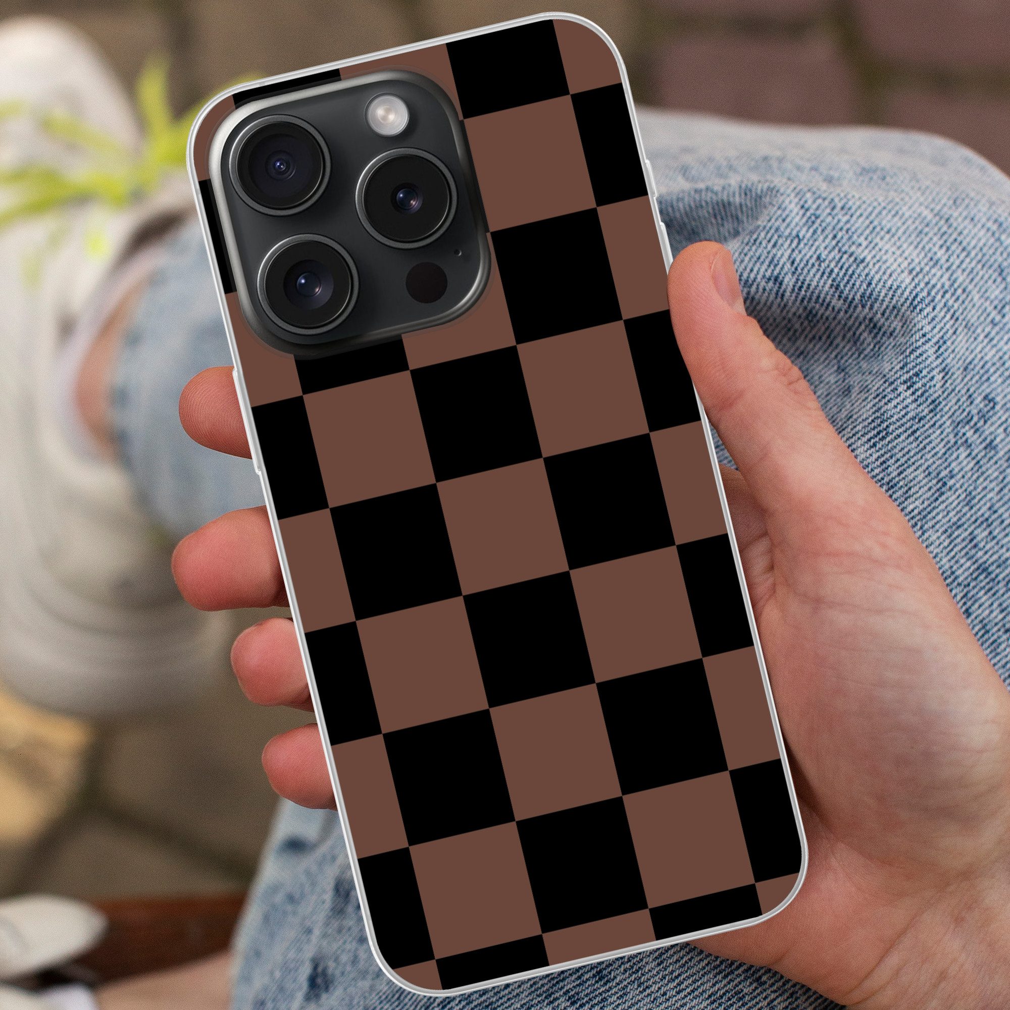MuchoWow Handyhülle für Apple iPhone 15 Pro Schachbrettmuster - Braun - Schwarz - Blöcke, Smartphone-Bumper, Print, Handy Schutzhülle Dünn