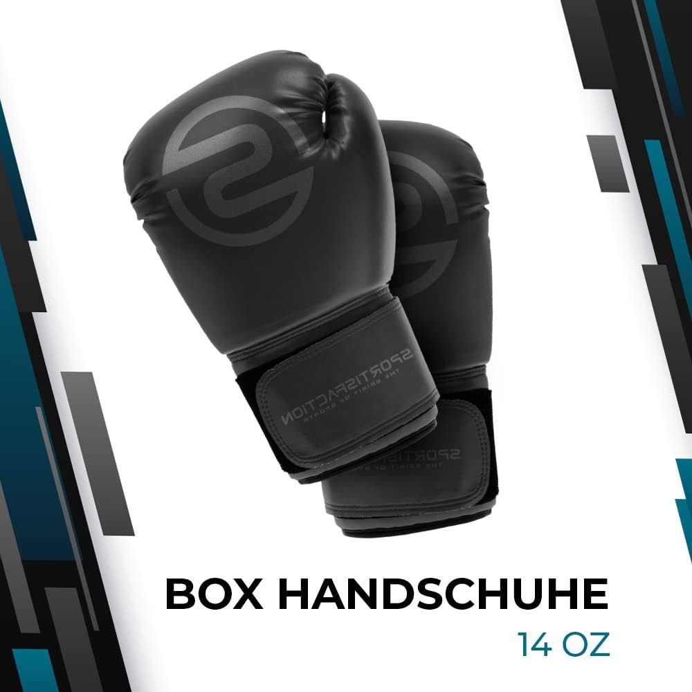 Sportisfaction Boxhandschuhe Boxhandschuhe 14oz Set inkl. Bandagen & Springseil Schwarz PU-Leder, Schweres Training & Sparring 90-110kg Maximale Dämpfung & Schutz