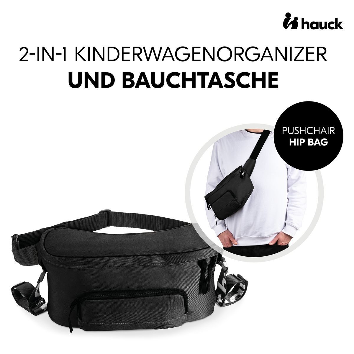 Hauck Kinderwagen-Transporttasche Pushchair Hip Bag - Black, Universal Buggy Organizer Kinderwagen Tasche und Bauchtasche