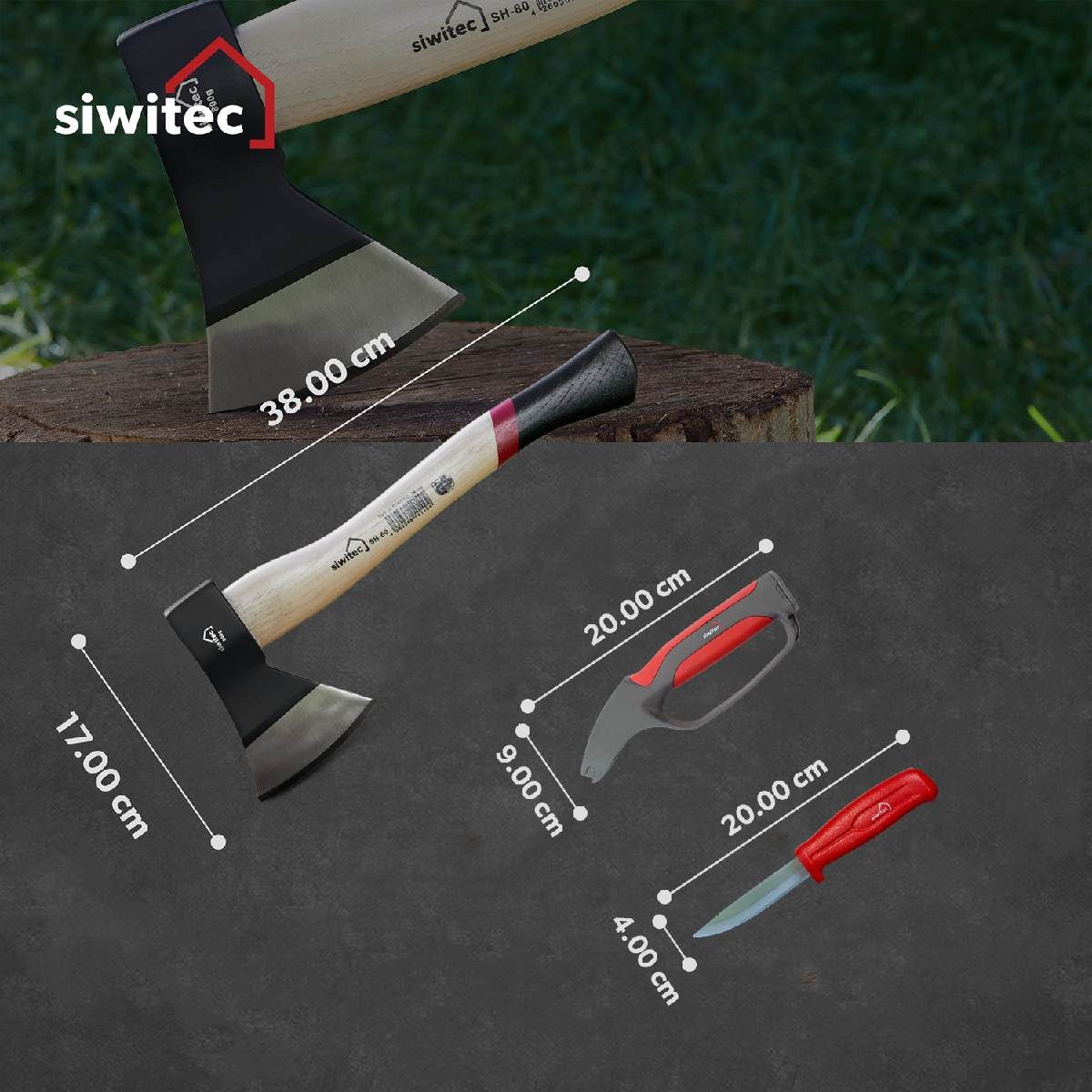 siwitec Axt Axt Geschenk Set, Universalaxt SH-80 800g Schärfer und Universalmesser, C45 Carbon Stahl, GS-Verifizierung, wechselbare Aufsätze des Schärfers