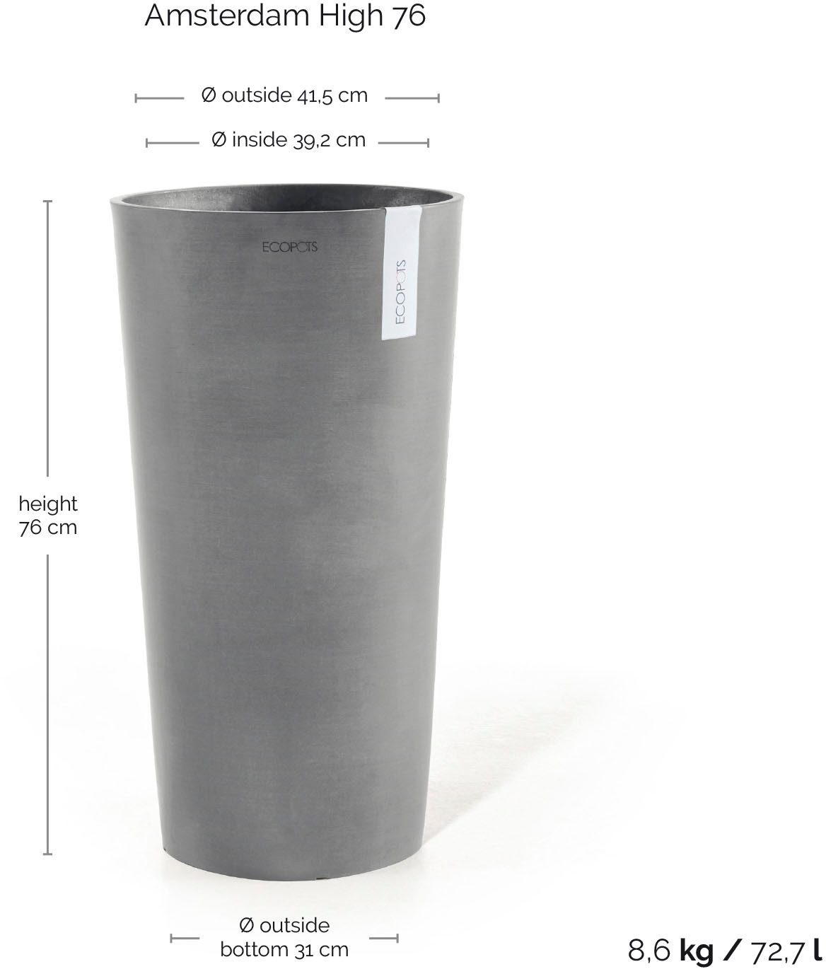 ECOPOTS Blumentopf AMSTERDAM HIGH Grey, BxTxH: 41x41x76 cm