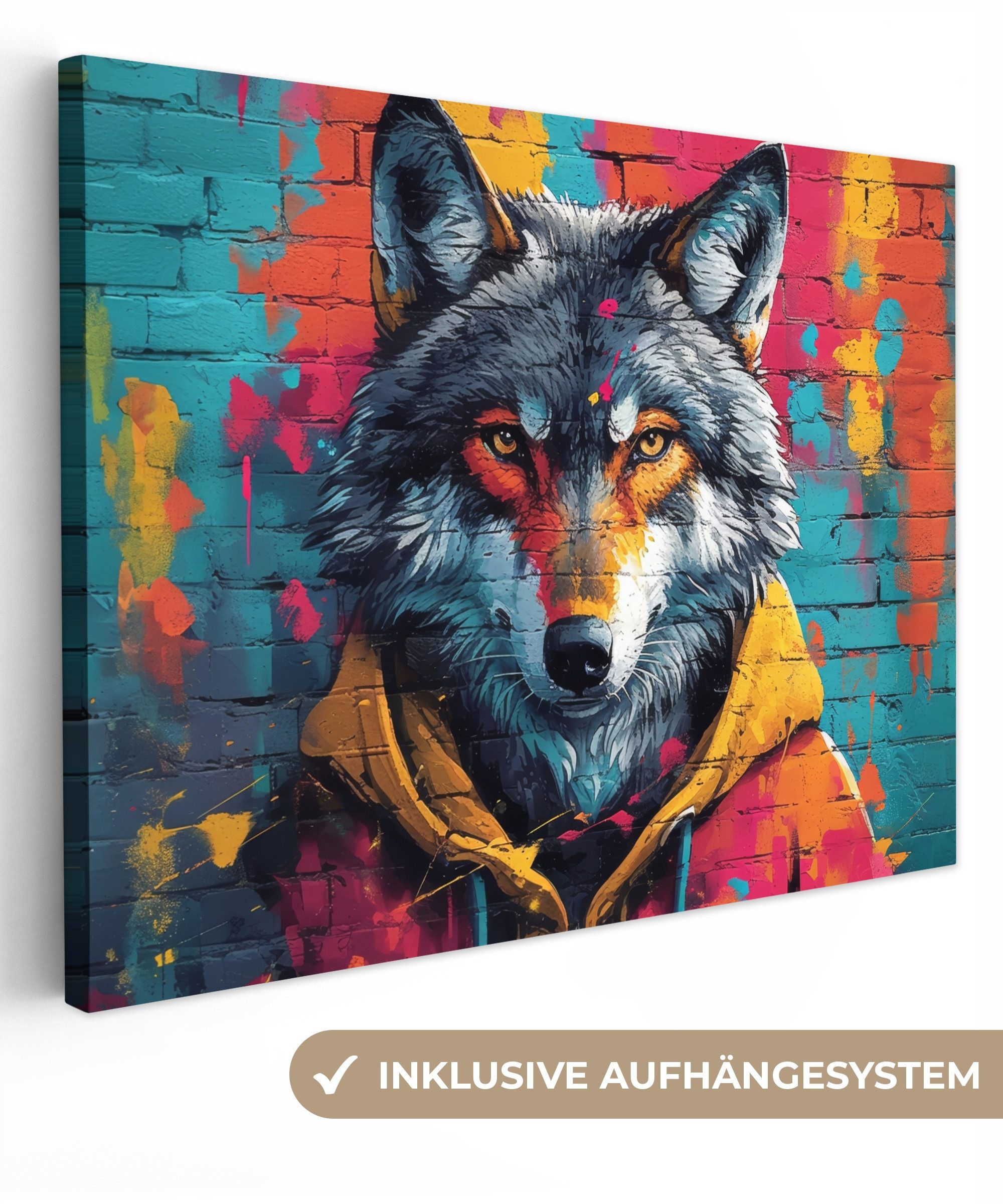 OneMillionCanvasses® Leinwandbild Graffiti - Wolf - Straßenkunst - Blau, Fotodruck (1 St), Wandbild Leinwandbilder, Aufhängefertig, Wanddeko 40x30 cm