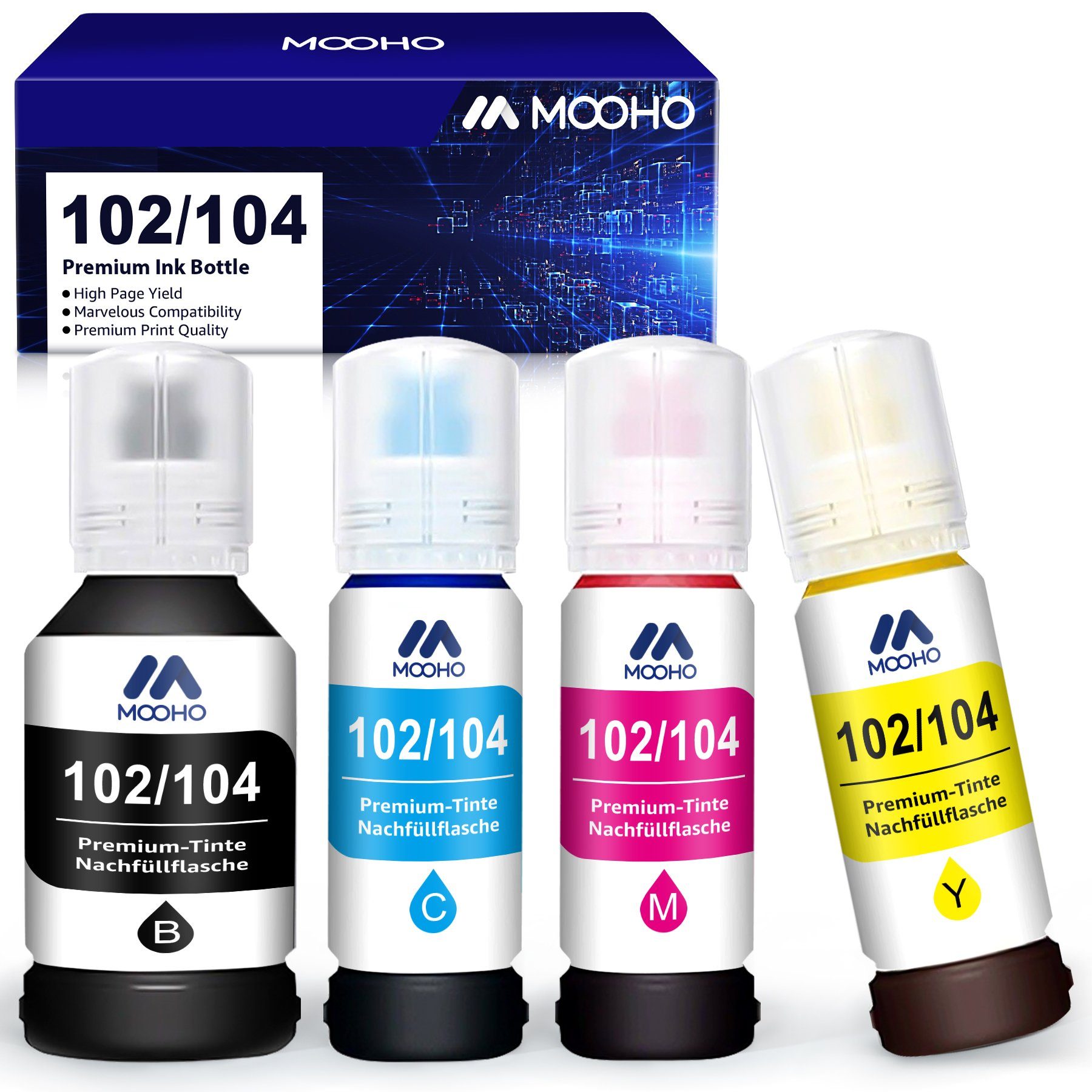 MOOHO 4er 102 für EPSON 104 ink bottle EcoTank ET-2700 Nachfülltinte (für Epson, ET-2710 Unlimited, x, ET-2711 ET-2712 ET-2714 ET-3700 ET-3750 ET-2751 ET-2756)