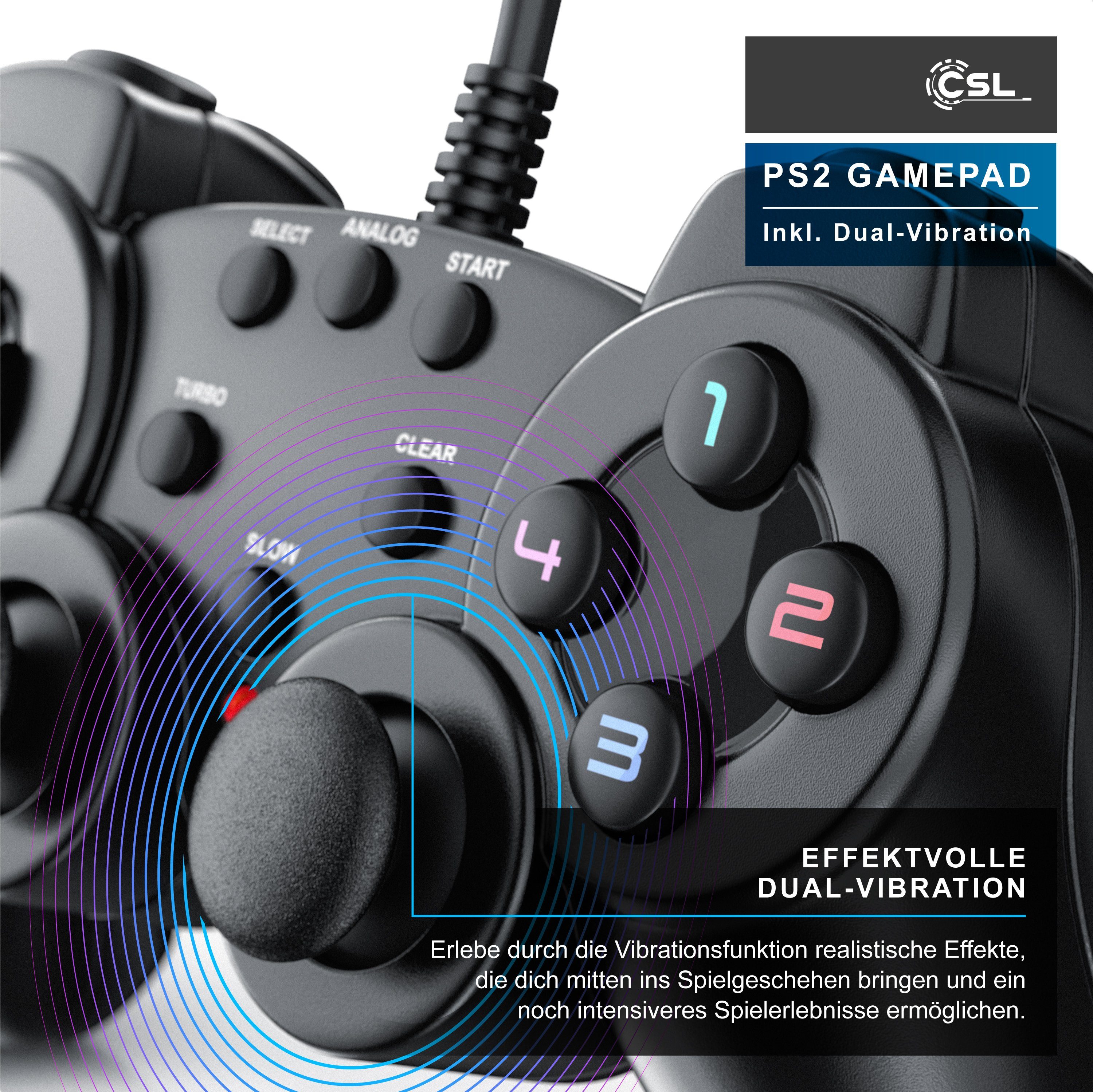 CSL PlayStation-Controller (1 St., PS2 Gamepad mit Dual Vibration (Rumble Effekt), Präzision & Komfort)