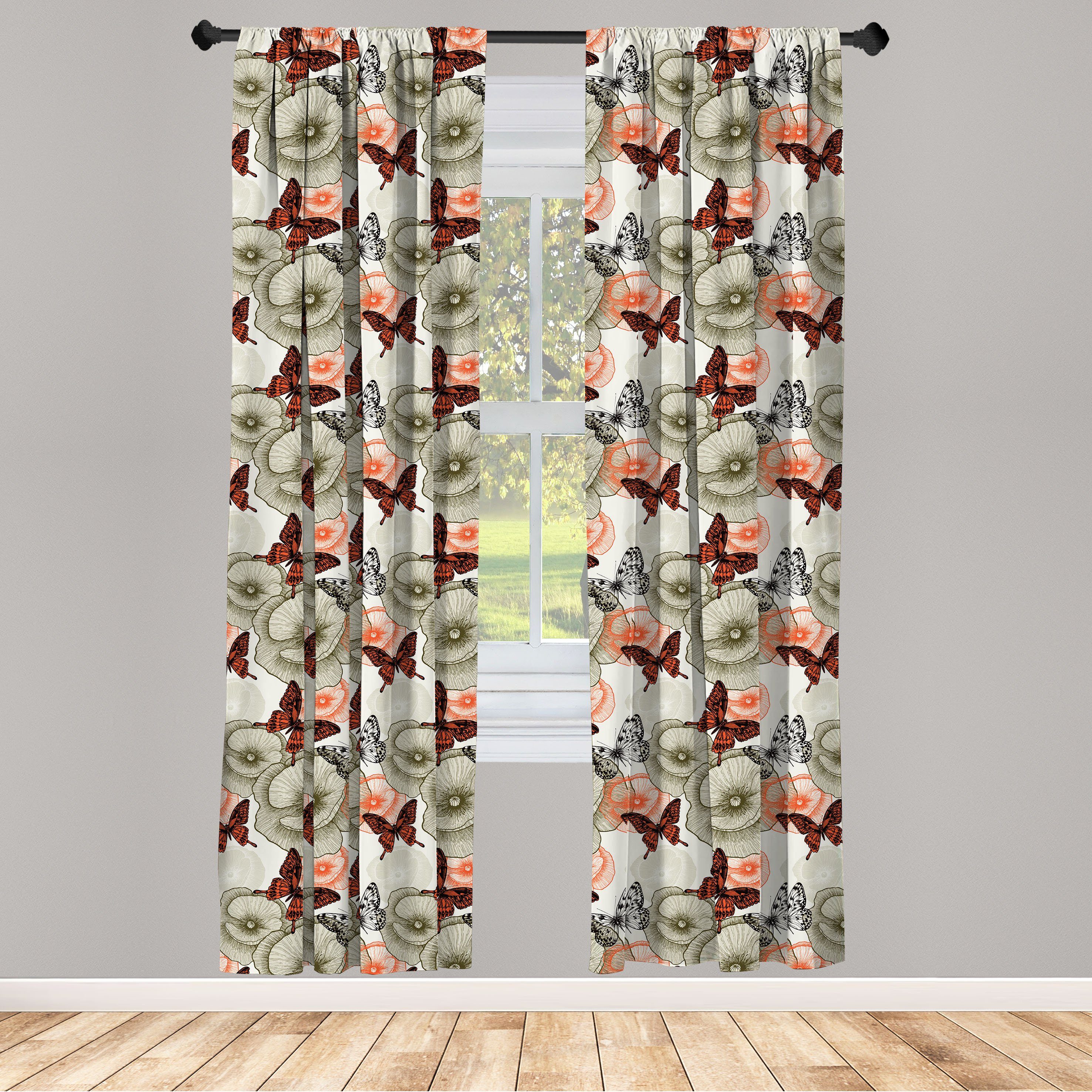 Gardine Vorhang für Wohnzimmer Schlafzimmer Dekor, Abakuhaus, Microfaser, Garten Mohnblumen und Schmetterlinge