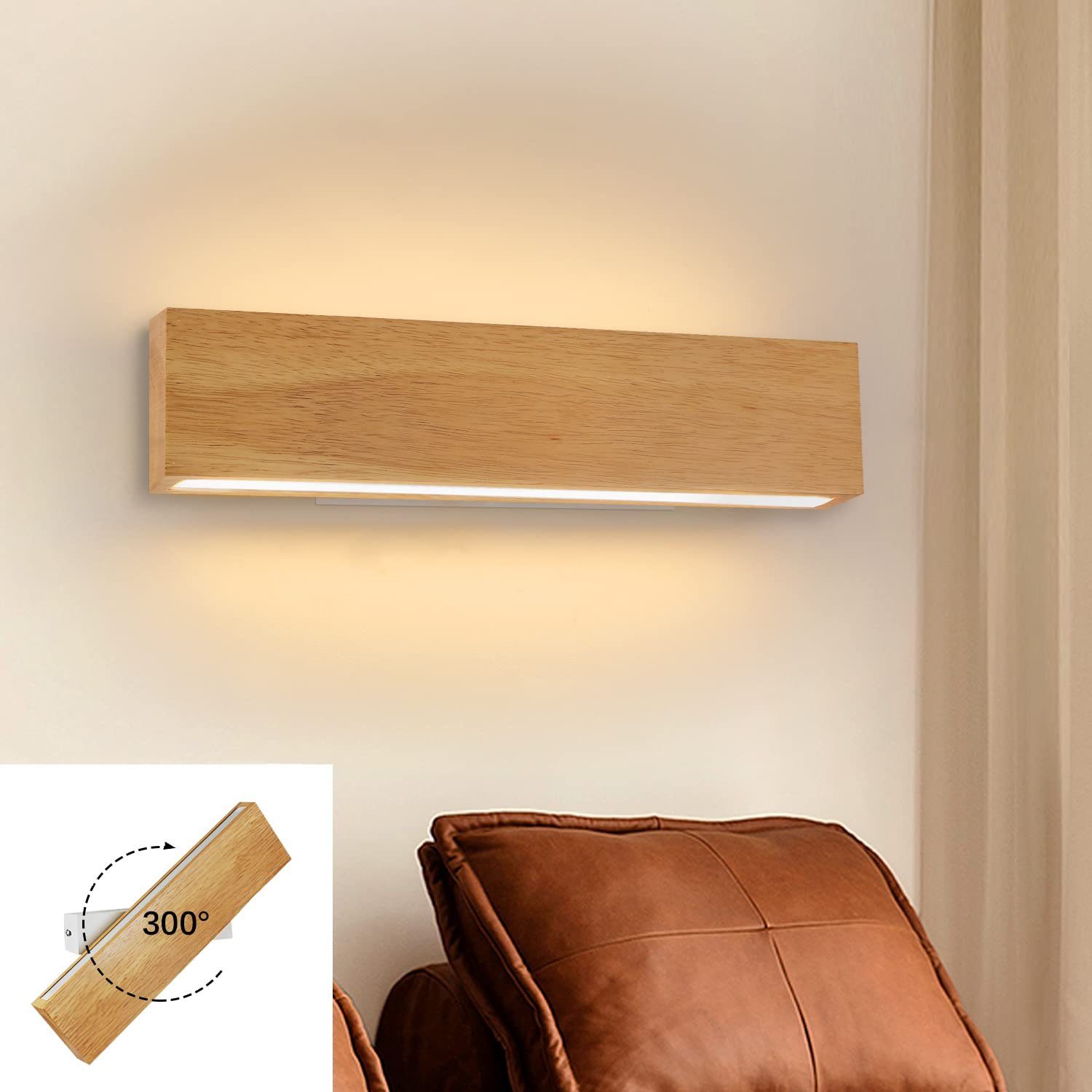 ZMH LED Wandleuchte innen Wandlampe 300° und Down integriert, Modern 32CM, Design, 10W LED fest Flurlampe Up Drehbar, Holz Holzfarbe Warmweiß, 32cm