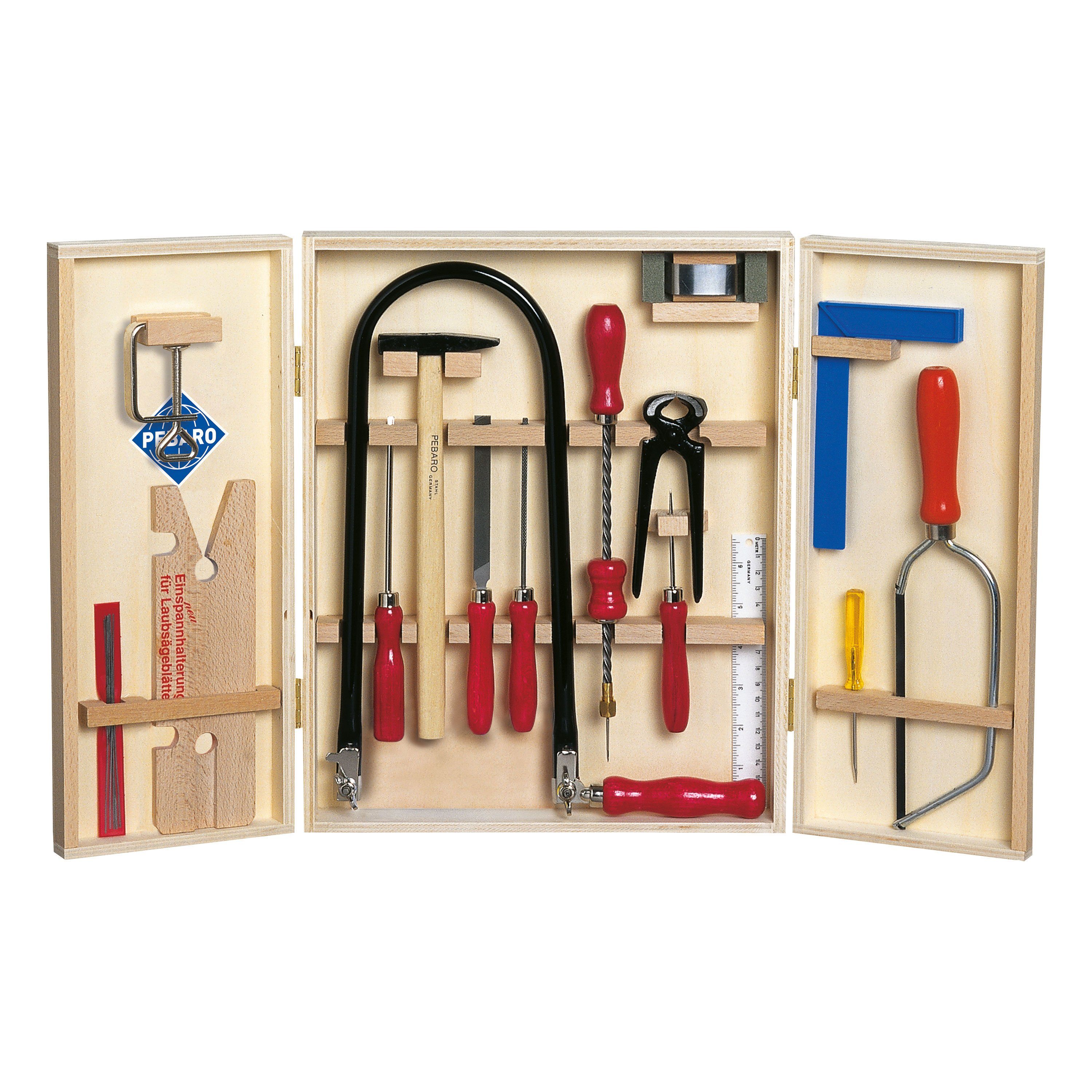 Kinder-Werkzeug-Set Laubsäge-Set im Holzschrank mit Holzbrettchen und Stahlwerkzeugen, 400