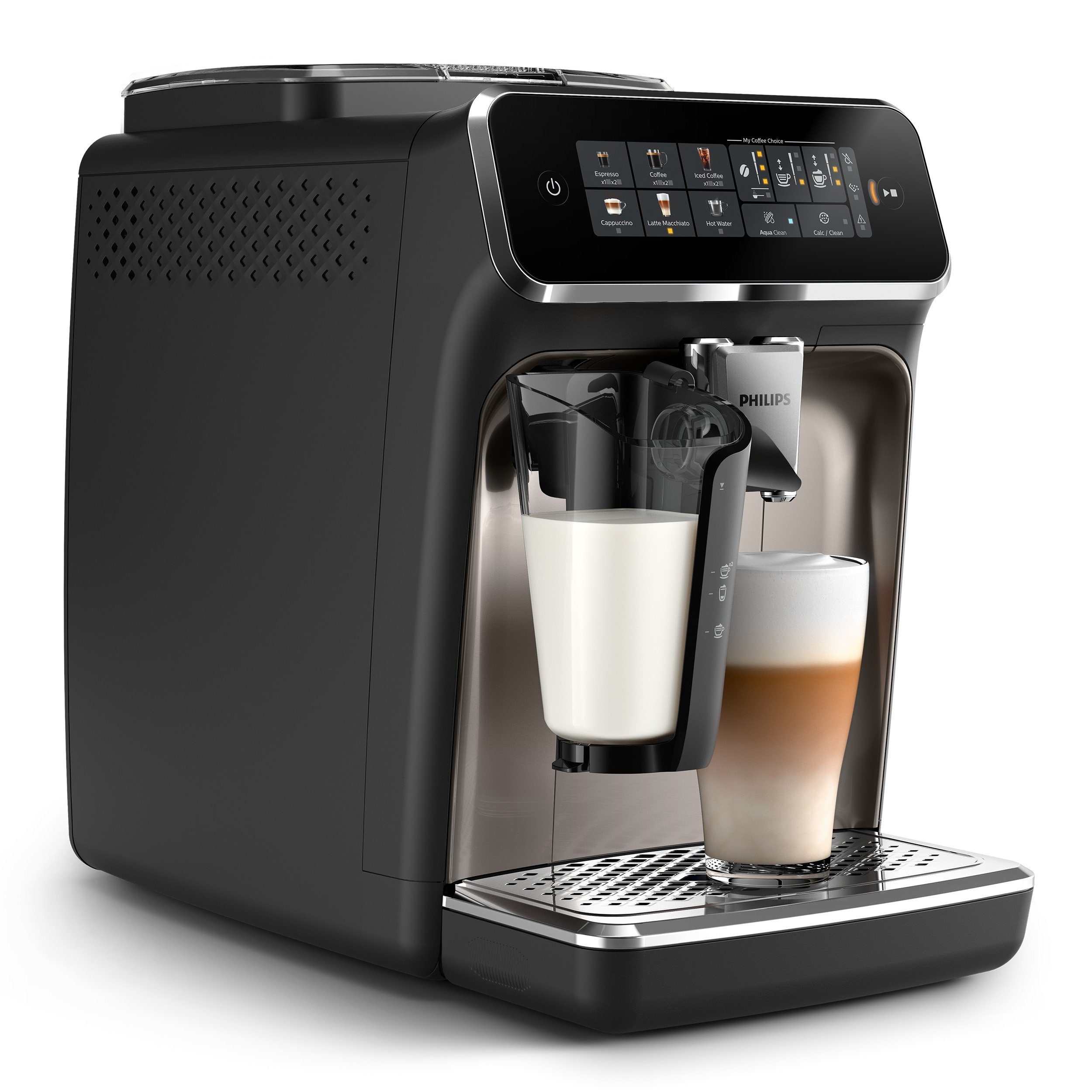 Philips Kaffeevollautomat EP3347/90 3300 Series, 6 Getränke (heiß oder eisgekühlt), LatteGo-Milchsystem, SilentBrew Technologie, Chrom-Schwarz