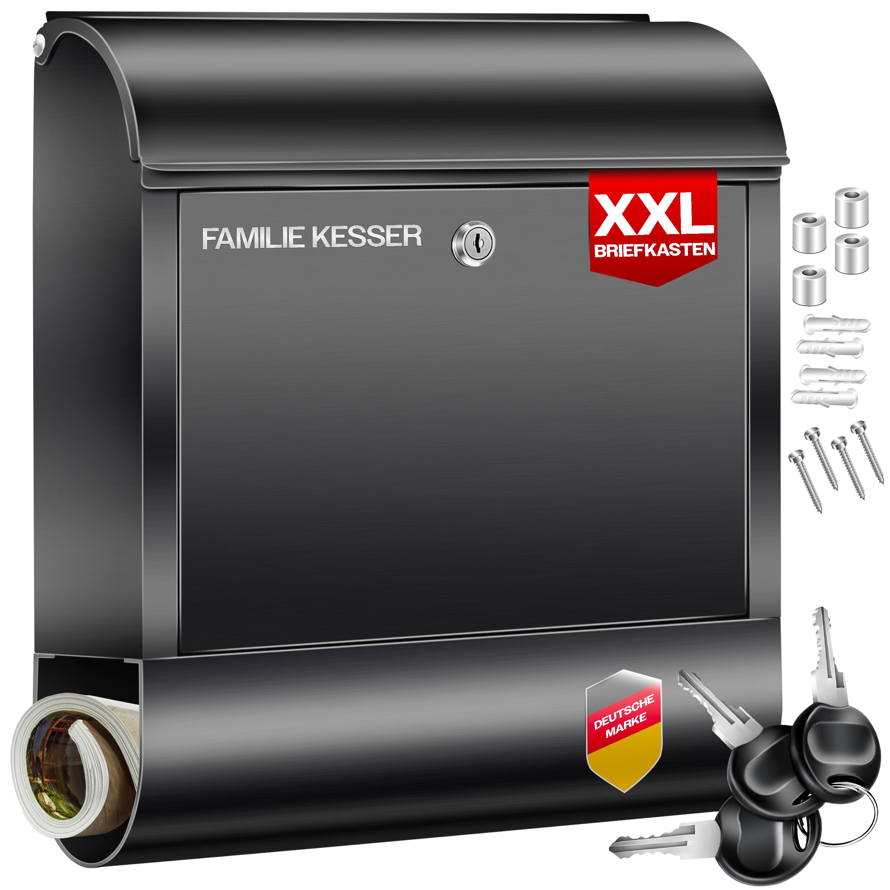 KESSER Briefkasten XXL Wandbriefkasten aus Edelstahl mit Zeitungsfach & 3 Schlüssel, Wandmontage, abschließbar, inkl. Montagematerial