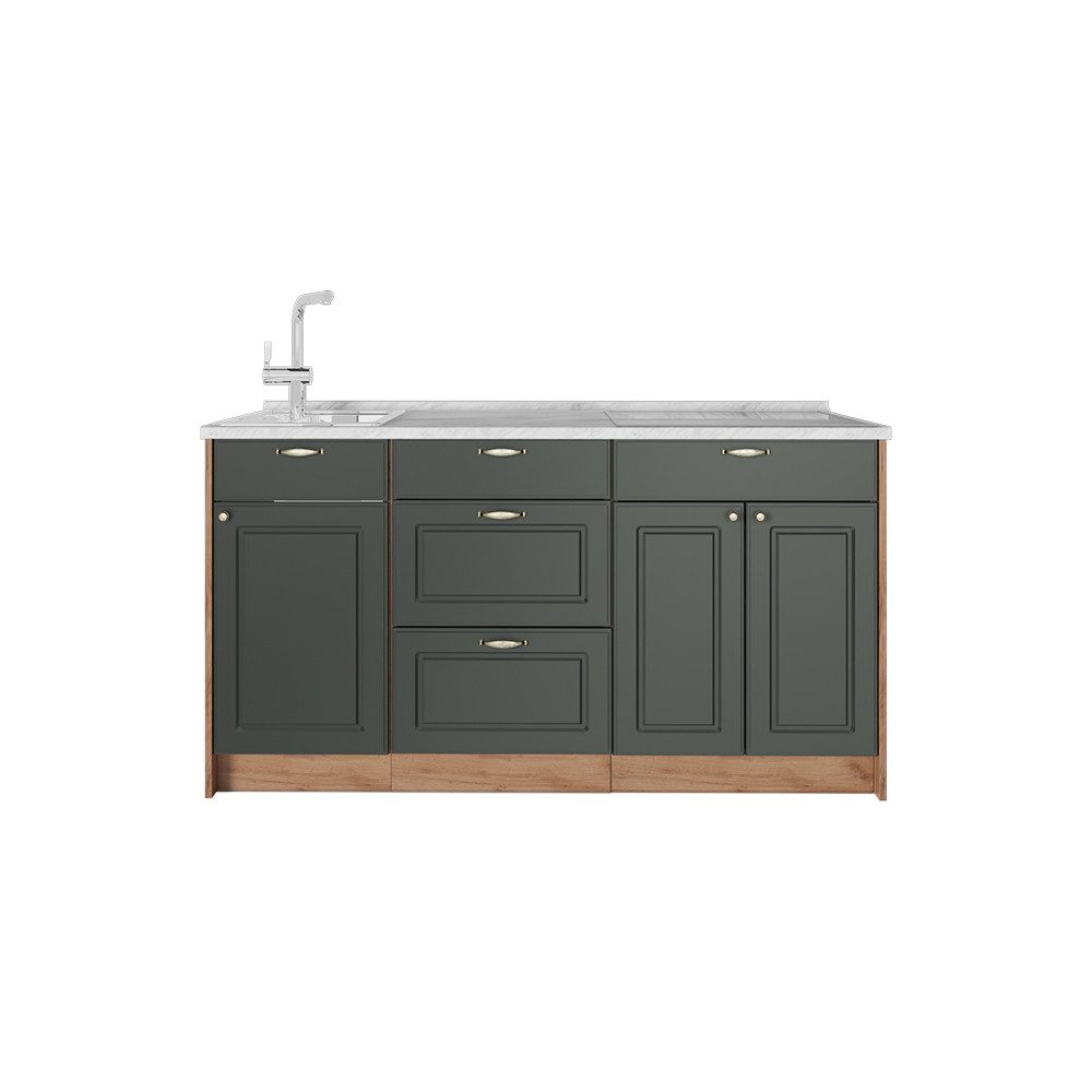 Vicco Küchenzeile Fame-Line, Grün-Gold Landhaus, 150 cm, AP Marmor