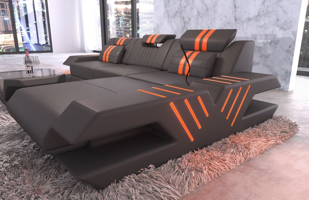 Sofa Dreams Ecksofa Venedig L Form Leder Couch USB, 4-Sitzer, Echtleder Premium, Grau-Orange, Ottomane rechts, Bett, LED