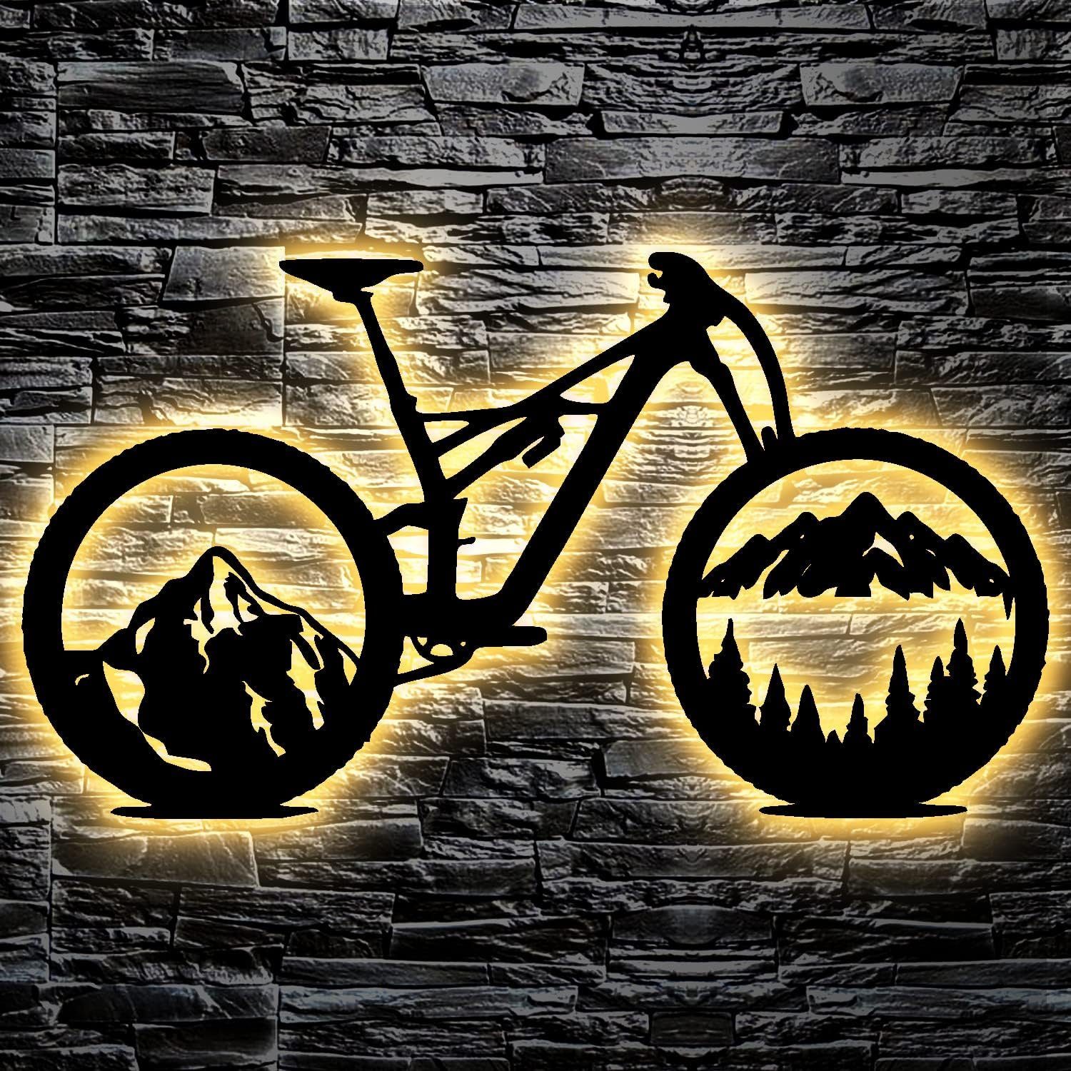 LEON FOLIEN Dekofigur Fahrrad Wald Skyline LED Wandbild Leuchtschild Geschenke Buche #40