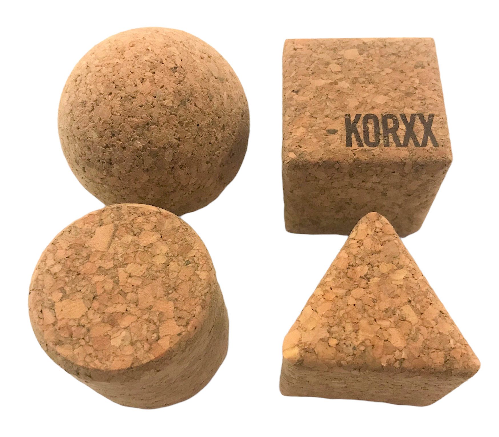 KORXX 4 Bauklötze in geometrischen Formen aus KORK Spielbausteine, (Geo Set 4, Bauklötze aus Kork 4 Stück in geometrischen Formen), Spielbaustein zum lernen von Formen & verbessern der Motorik