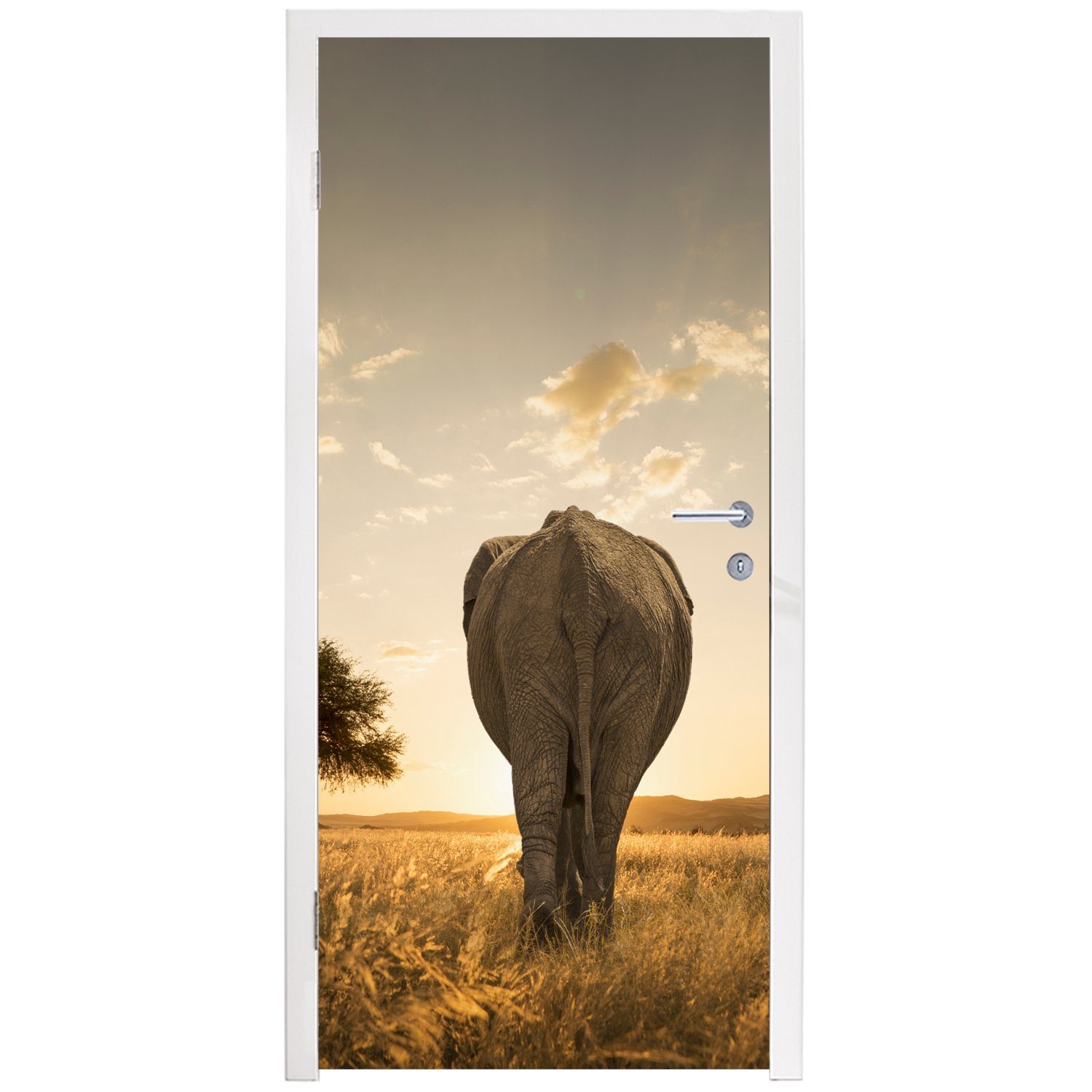 MuchoWow Türtapete und Fototapete Türaufkleber, cm Tür, Elefanten für bedruckt, für (1 Savanne Matt, 75x205 Kälber, St)