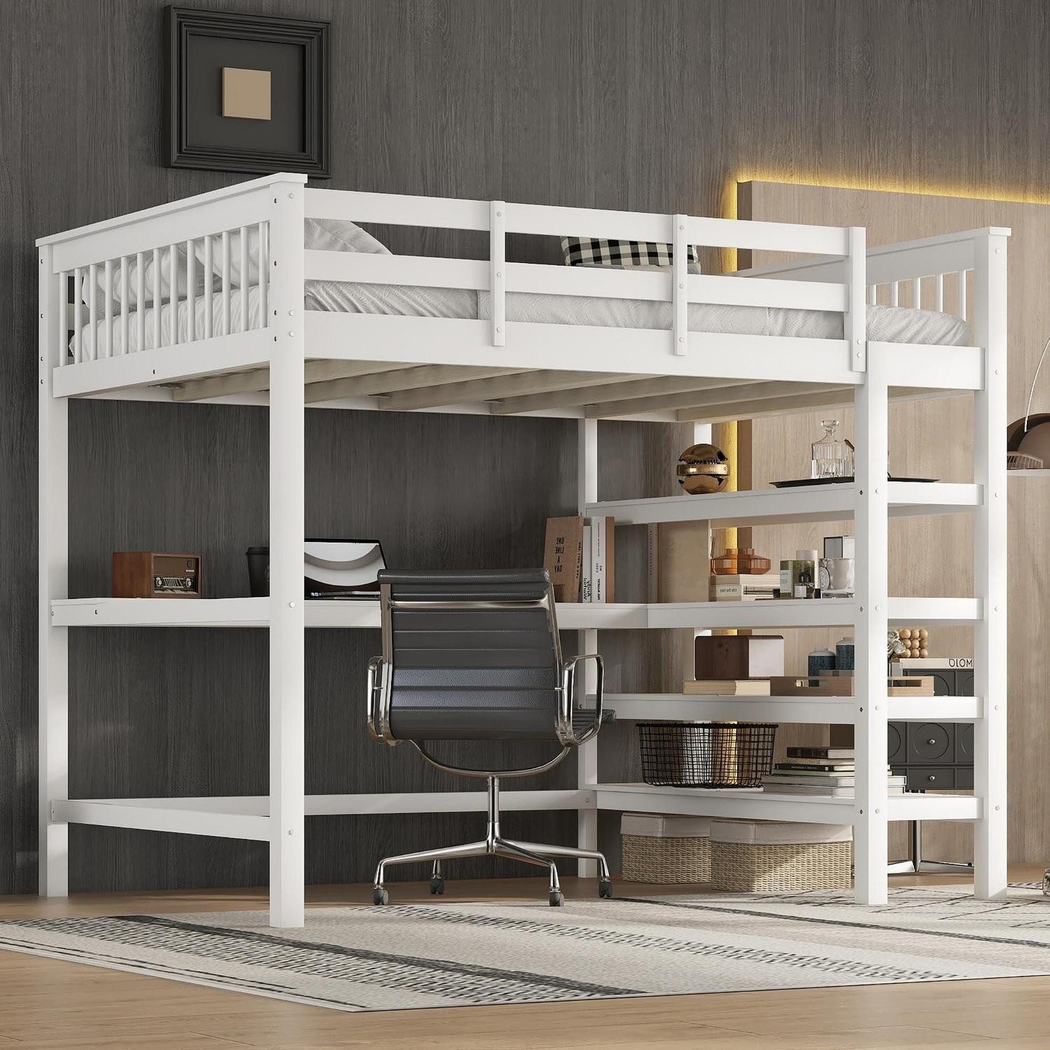 LuxusKollektion Spielbett Hochbett mit Schreibtisch 140x200 Weiß