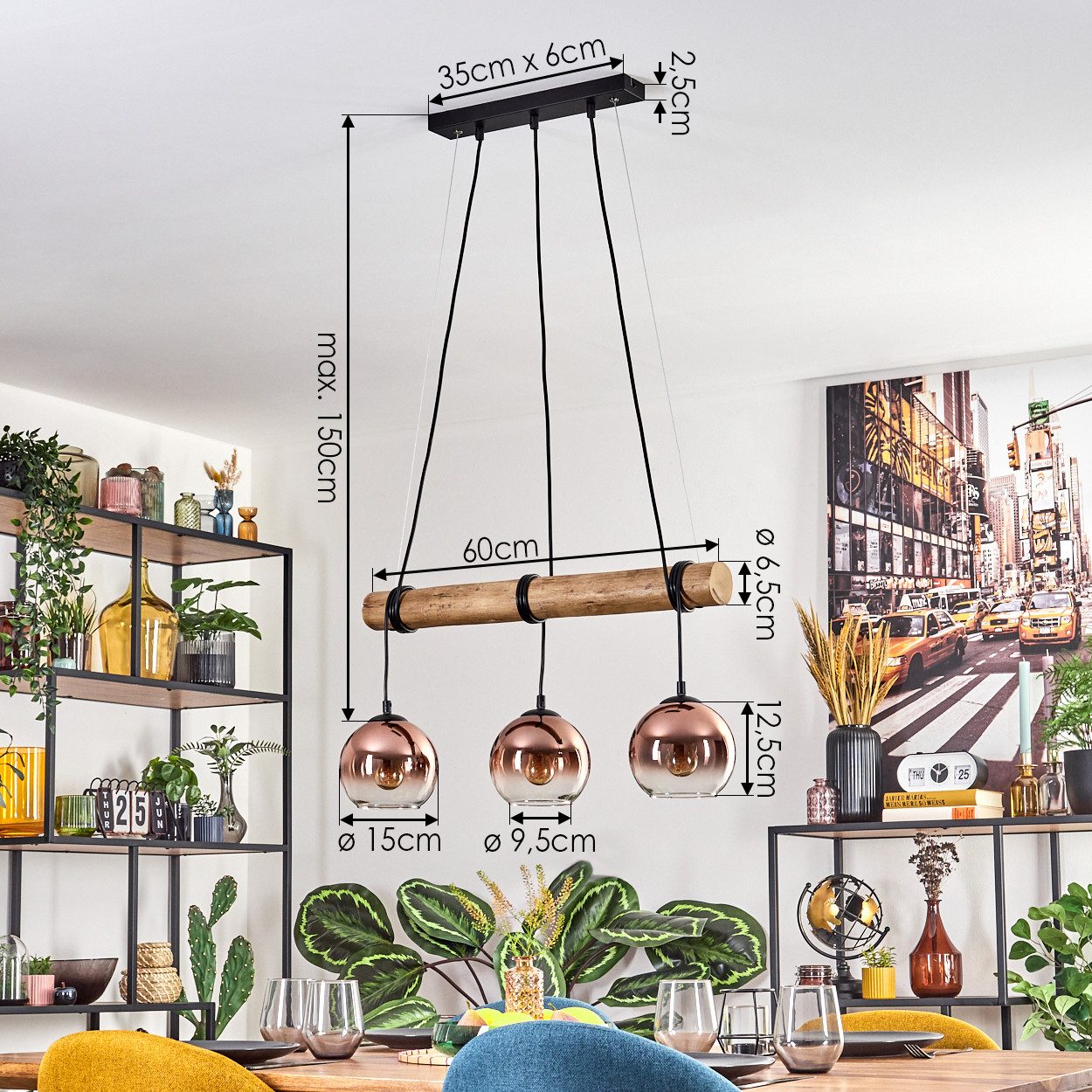 hofstein Pendelleuchte Hängelampe aus Metall/Holz/Glas in Schwarz/Natur-/Kupferfarben/Klar, ohne Leuchtmittel, Hängeleuchte im Boho-Design mit Glasschirmen und Holzbalken, 3 x E27