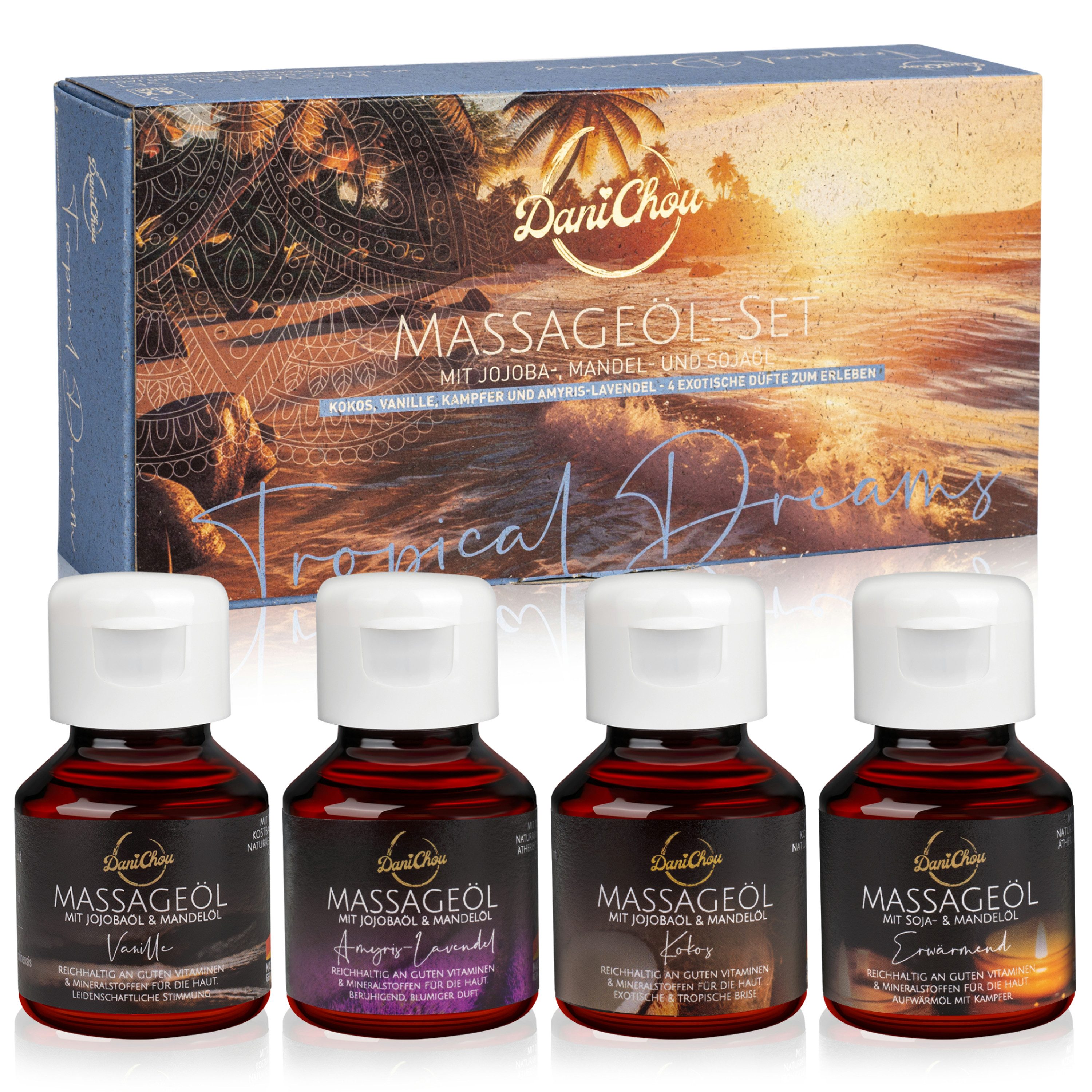 DaniChou Massageöl Tropical Dreams - Geschenkset zum massieren, Probierset mit Jojoba- und Mandelöl, 1-tlg., 4x 50ml - Vanille, Kokos, Erwärmend, Amyris-Lavendel