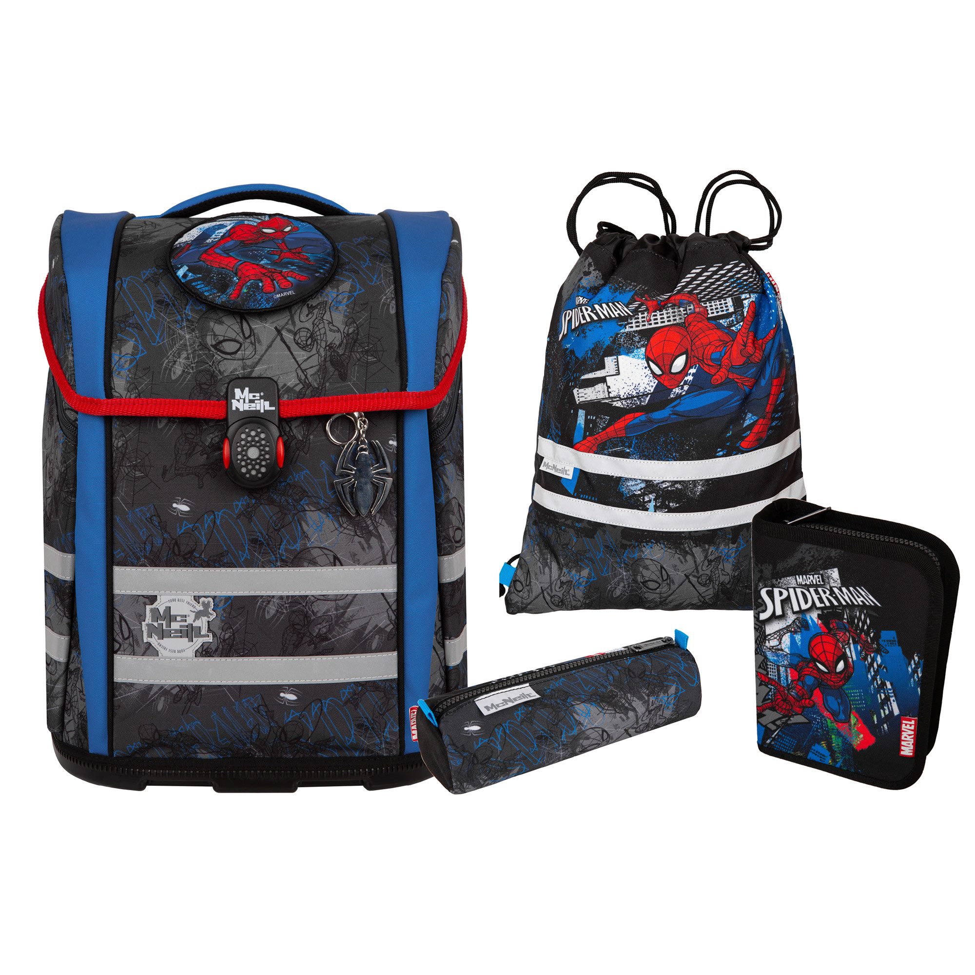 McNeill Schulranzen TENERIS Spider-Man 4-teilig mit Etui, Schlampermäppchen & Sportbeutel (Spar-Set, mit Sportbeutel, mit Schlamperrolle, mit Federtasche, mit Schlampermappe), Air-Flow Rückensystem, Leichtgewicht ca. 980 g, 4-teiliges Set
