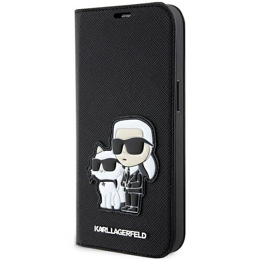 KARL LAGERFELD Handyhülle Klapphülle Schutztasche Kartenfach 6,1 Zoll, Saffiano-Optik, Standfunktion, 3 Kartenfächer
