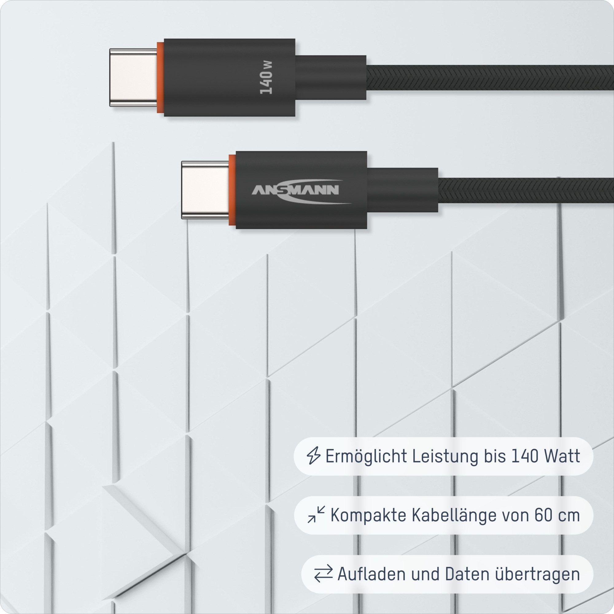 ANSMANN AG Ladekabel 60 cm USB Typ C mit bis zu 140 W Leistung USB-Kabel
