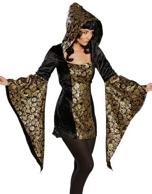Karneval-Klamotten Kostüm Horror Damen sexy Halloween Kleid mit Totenköpfe, Damenkostüm Halloweenkostüm schwarz mit goldenen Totenköpfe