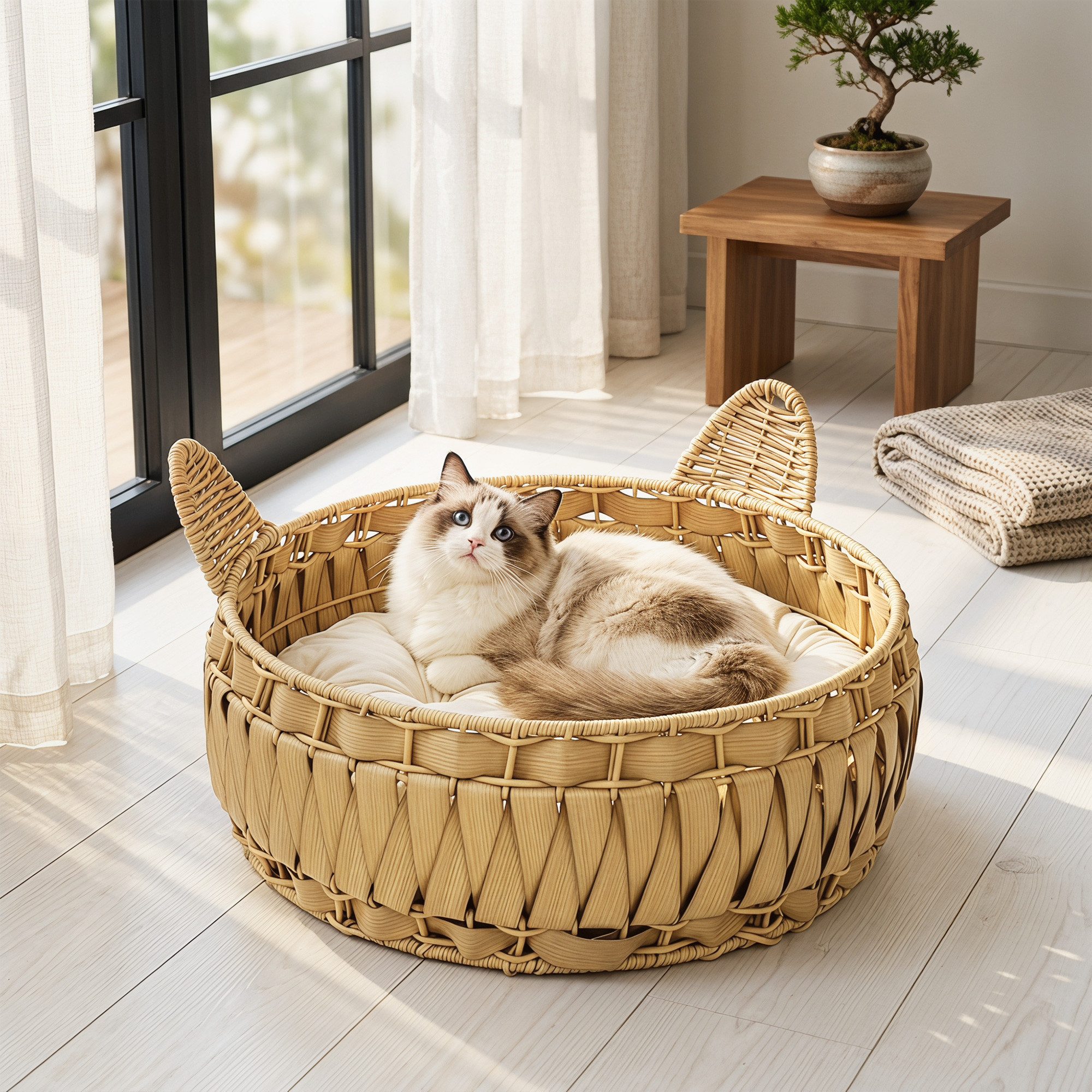 PawHut Tierhaus Katzenbett Rattan Katzenhöhle mit abnehmbares Kissen, für Katzen bis 10 kg, 50 x 50 x 25 cm, Hellbraun