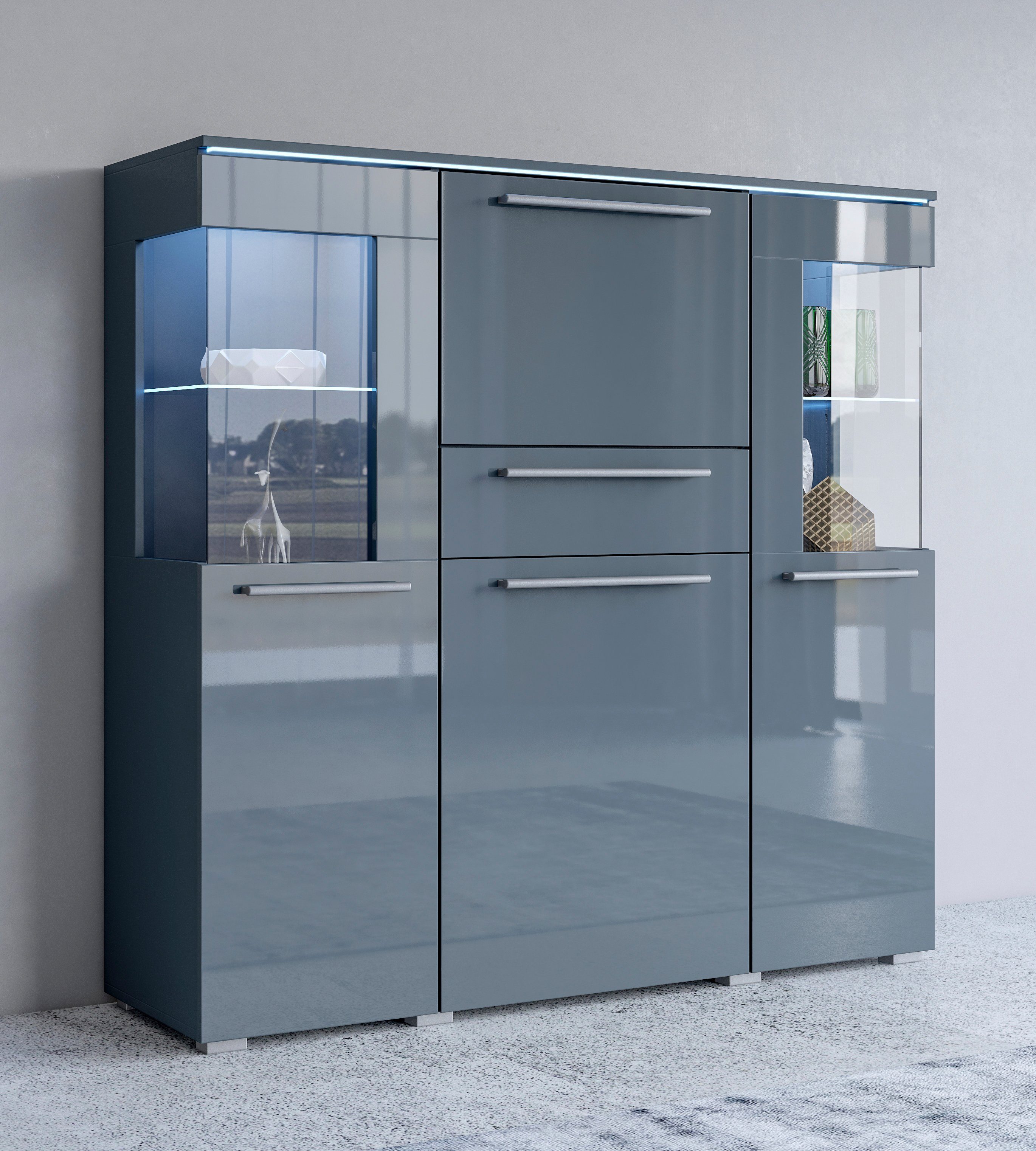 INOSIGN Highboard India,Breite 130cm, stilvolle Hochkommode 3Türen, Klappe und Schublade, Hochschrank viel Stauraum, Einlegeböden verstellbar,ohne Beleuchtung