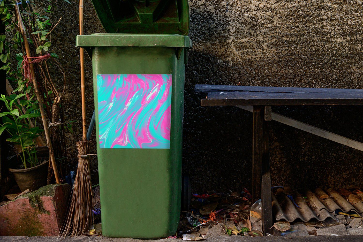 Blau Mülleimer-aufkleber, Psychedelisch Sticker, Abfalbehälter Kunst - MuchoWow St), Container, - Wandsticker - (1 Mülltonne, Rosa
