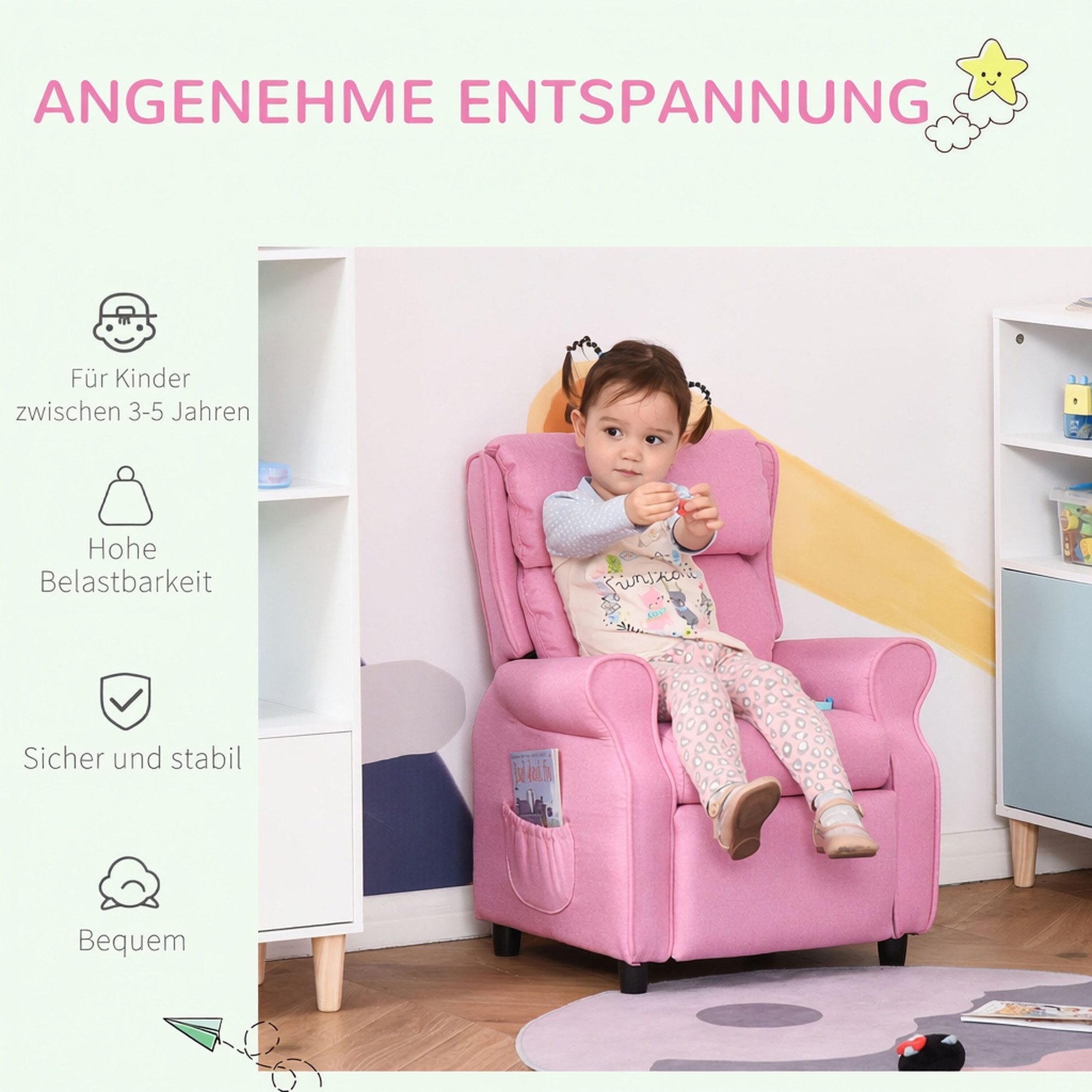 HOMCOM Sessel Kindersofa mit Fußstütze verstellbare Rückenlehne Stuhl (Kindercouch, 1-St., Kindersessel), Rosa 58 x 53 x 70 cm – Bild 4 von 5