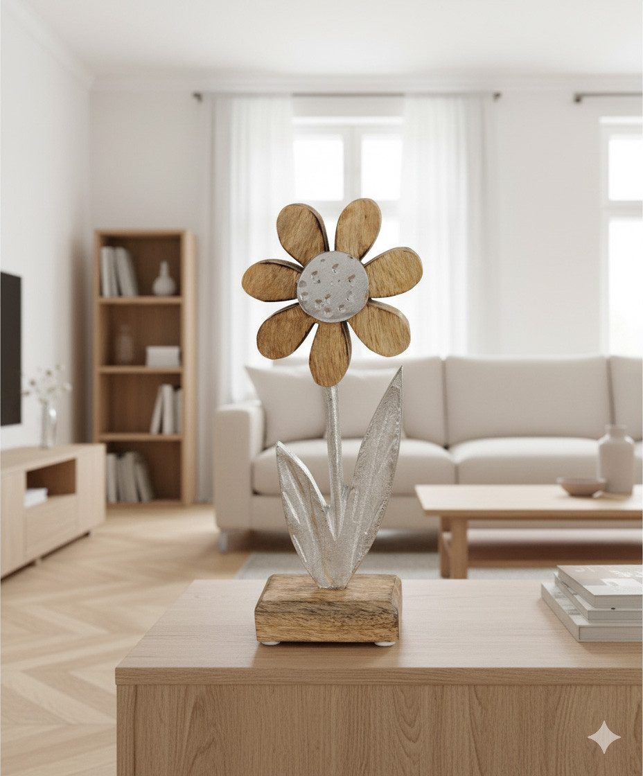 Kremers Schatzkiste Dekofigur Deko Blume Aluminium Mangoholz Sockel 15x6cm Dekoaufsteller Tischdeko