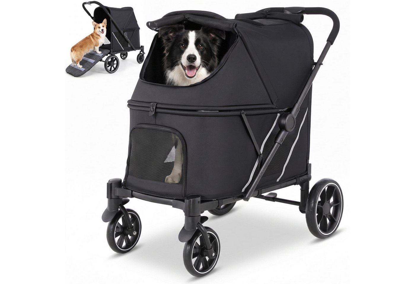 TLGREEN Hundebuggy für kleine und mittelgroße Hunde & Katzen, (mit Netzfenstern, Sicherheitsleine, Ablagekorb), 4‑Rad‑Hundewagen für Spaziergang, Ausflug und Tierarztbesuch