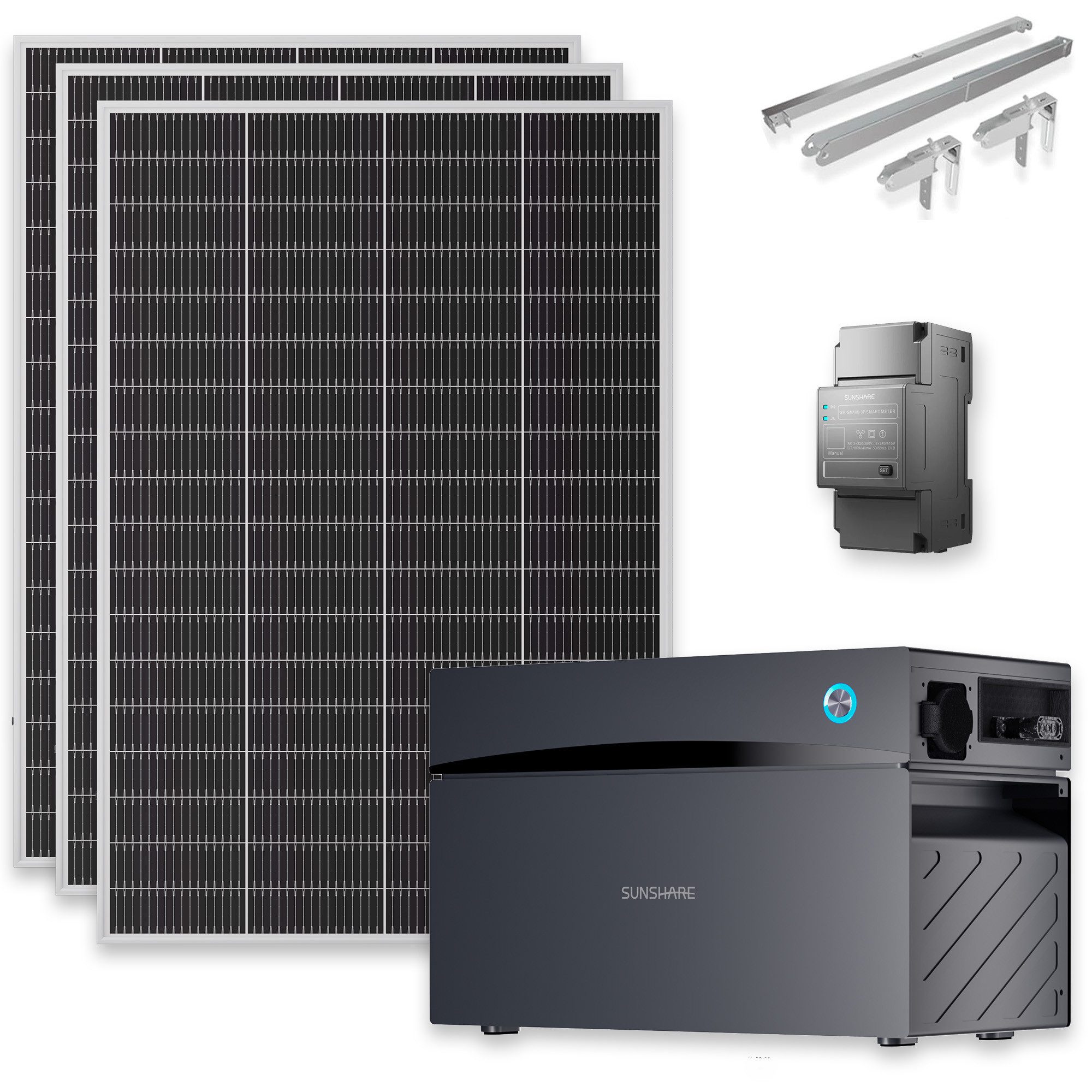Sunshare Balkonkraftwerk Ray Lite – wählbar 600/800/1000/1200 W +2 kWh Speicher & Smart Meter, 200 W, Monokristallin N‑Typ TOPCon, (Komplettset), Solarstrom erzeugen, speichern und per App in Echtzeit überwachen