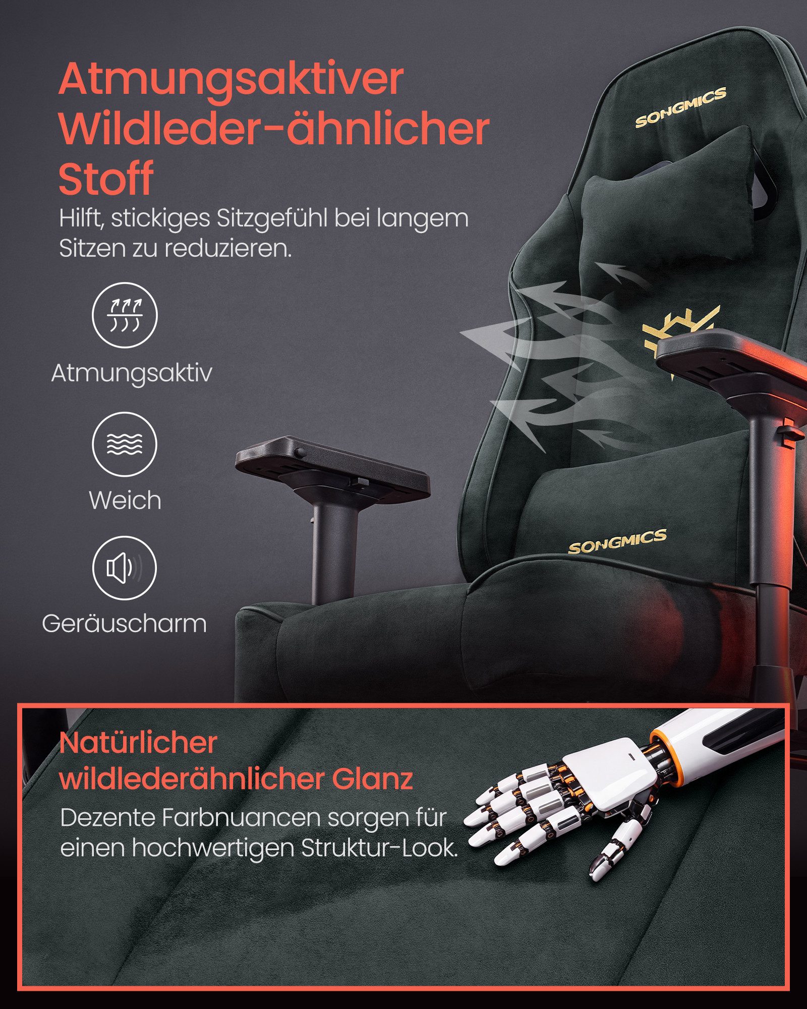 SONGMICS Gaming-Stuhl Schreibtischstuhl ergonomisch, 4D verstellbare Armlehnen, Fußstütze, Bis 180 kg belastbar, 72 x 72 x (125-135) cm, Wildlederimitat – Bild 4 von 5