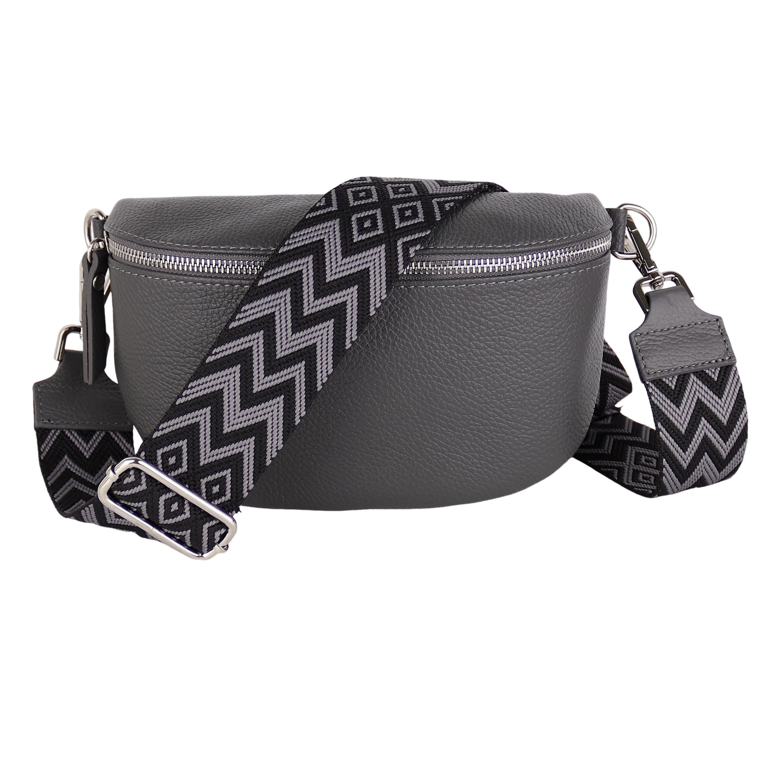 MIRROSI Bauchtasche Damen, Echtleder, Made in Italy, Umhängetasche, Brusttasche, (Schultertasche für jeden Anlass (1 Tasche & 2 Gurte), Crossbody Bag, Grau, gemusterten& verstellbaren Schulterriemen