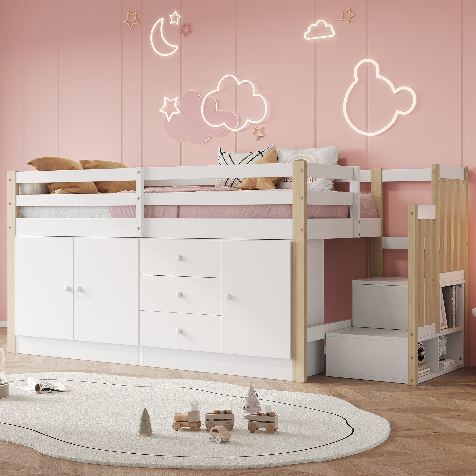 Flieks Hochbett Kinderbett 90x200cm mit Stauraumtreppe günstig online kaufen
