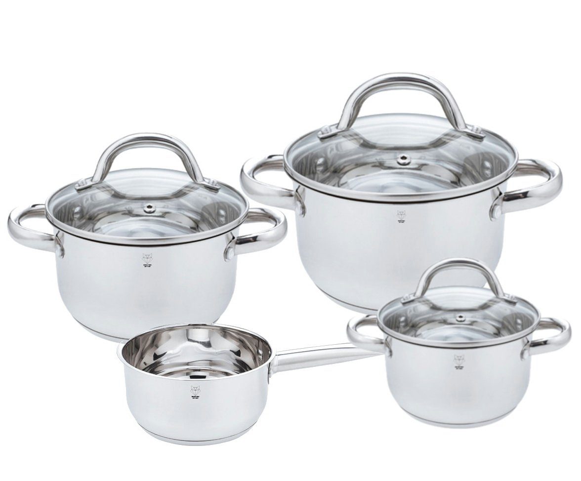 Gustav Voss Topf-Set Kochtopfset Induktions-Kochtopf Topfset, Edelstahl (Kochset, 7-tlg., 1 x Stielkochtopf, 3 Kochtöpfe Ø 16/Ø 20/Ø 24 cm), Literskala Glasdeckel