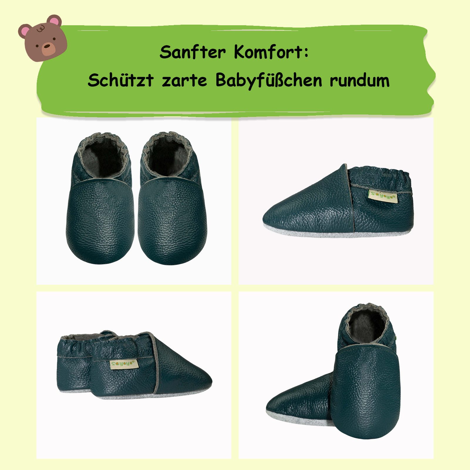 Sayoyo Weiche Leder Lauflernschuhe Hausschuhe Lederpuschen dunkelgrün Lauflernschuh (Handgenäht, weiche, leichte, flexible, rutschfest) 100 % echtes Leder