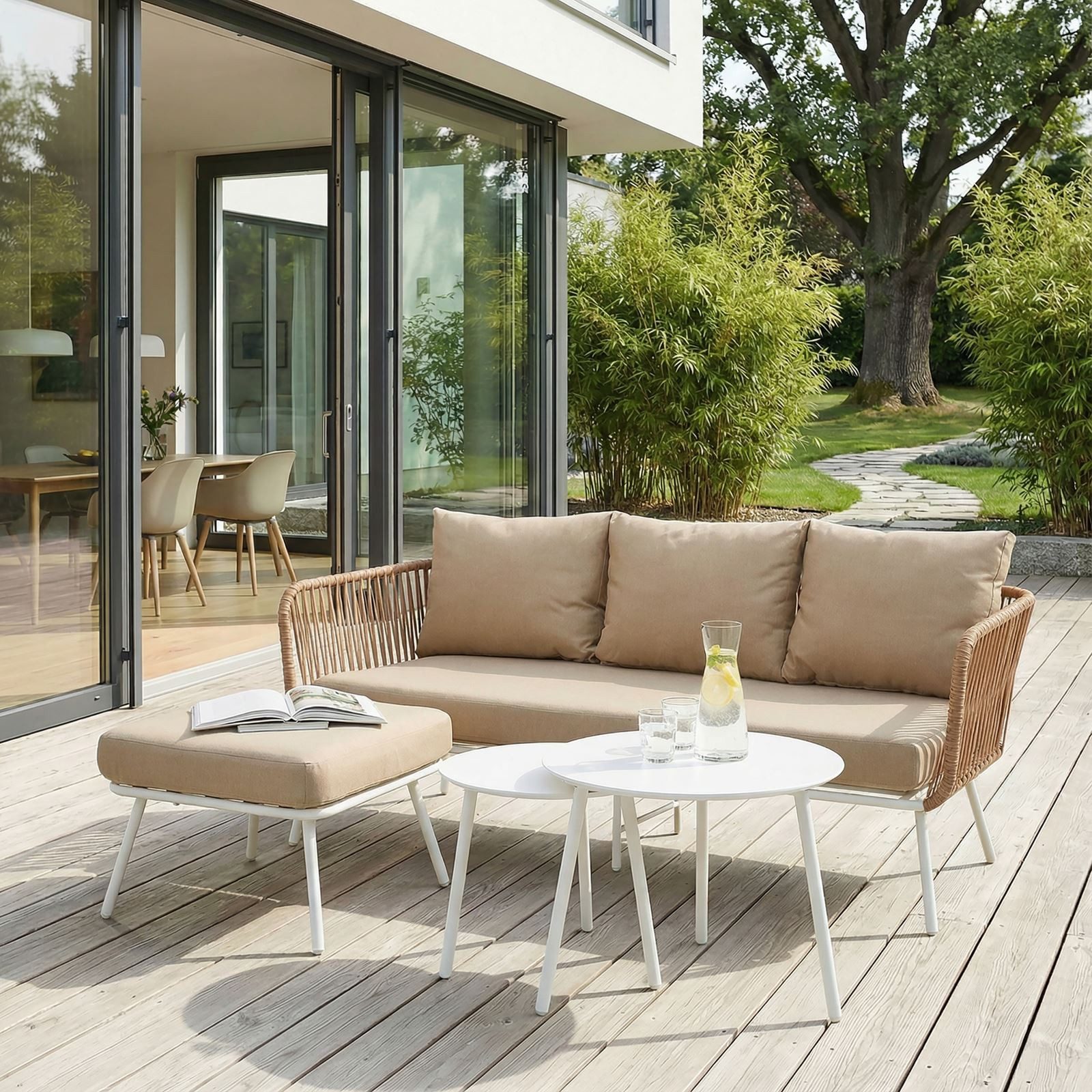 IDIMEX Gartenlounge-Set MYKONOS, Outdoor Dreisitzer Sofa mit Beistelltisch, Balkonmöbel Set weiß/beige