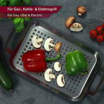 natumo Grillschale für Fleisch, Fisch & Gemüse - Grillfläche 25 x 16 x 1,5 cm - 2er Set, Edelstahl