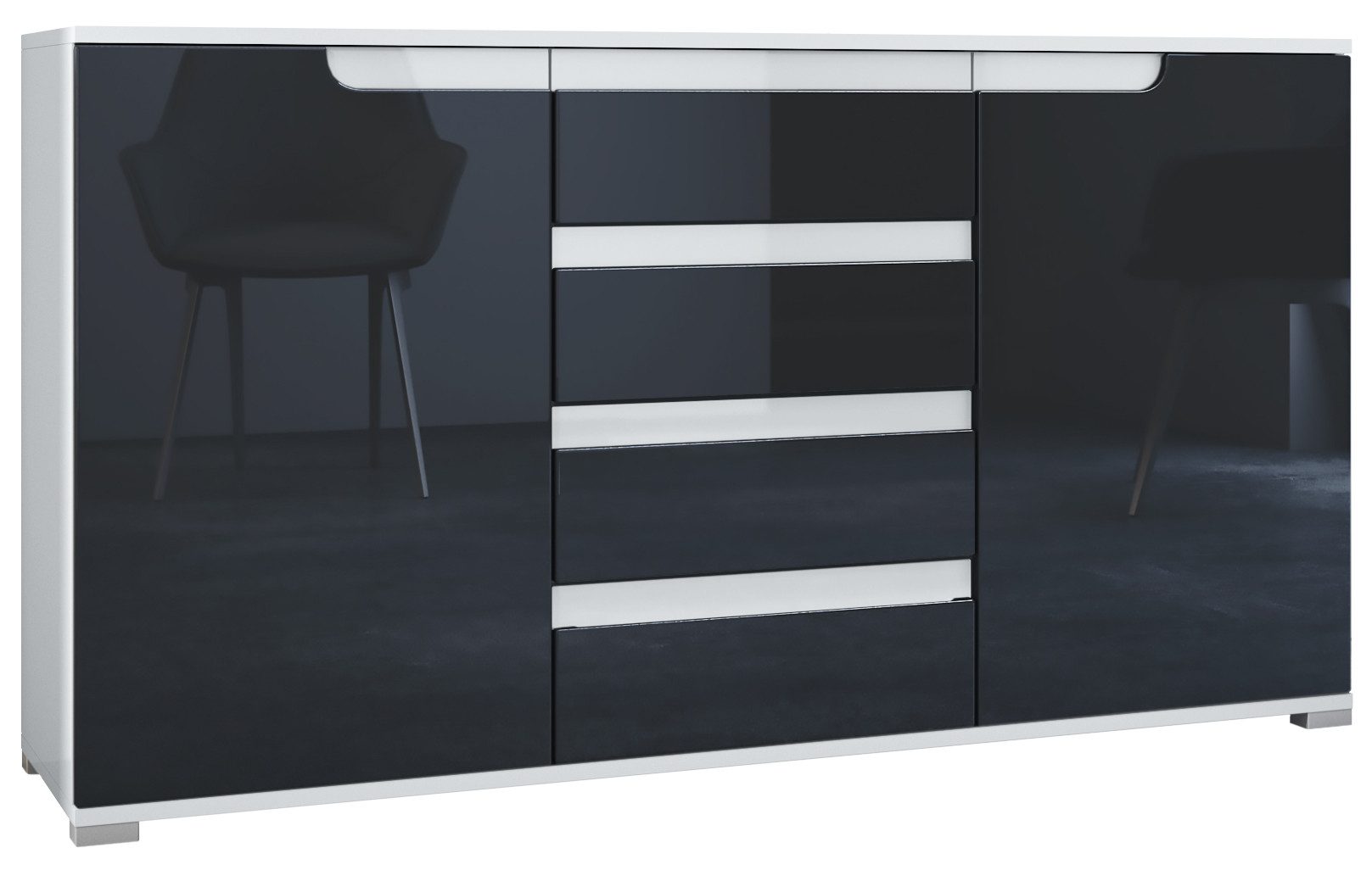 Vladon Sideboard Sylt V1 (Kommode mit 2 Türen und 4 Schubladen, Korpus - Weiß matt / Front - Schwarz Hochglanz), Absetzung - Weiß Hochglanz (138,5 x 75,5 x 35 cm)