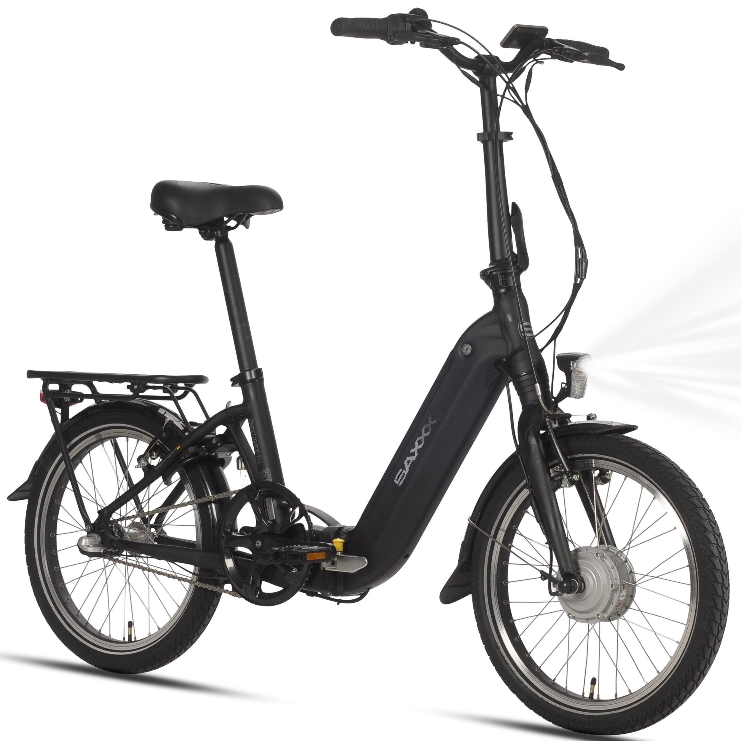SAXXX E-Bike Klapprad 20x1,95", 360Wh E-Faltrad bis zu 80km, Klapprad für Damen und Herren, 3 Gang Shimano, Nabenschaltung, Vorderradmotor, 360 Wh, (mit Akku-Schlüssel, mit Rahmenschloss), abnehmbarer Akku, Gepäckträger, Elektrofahrrad mit Rücktrittbremse
