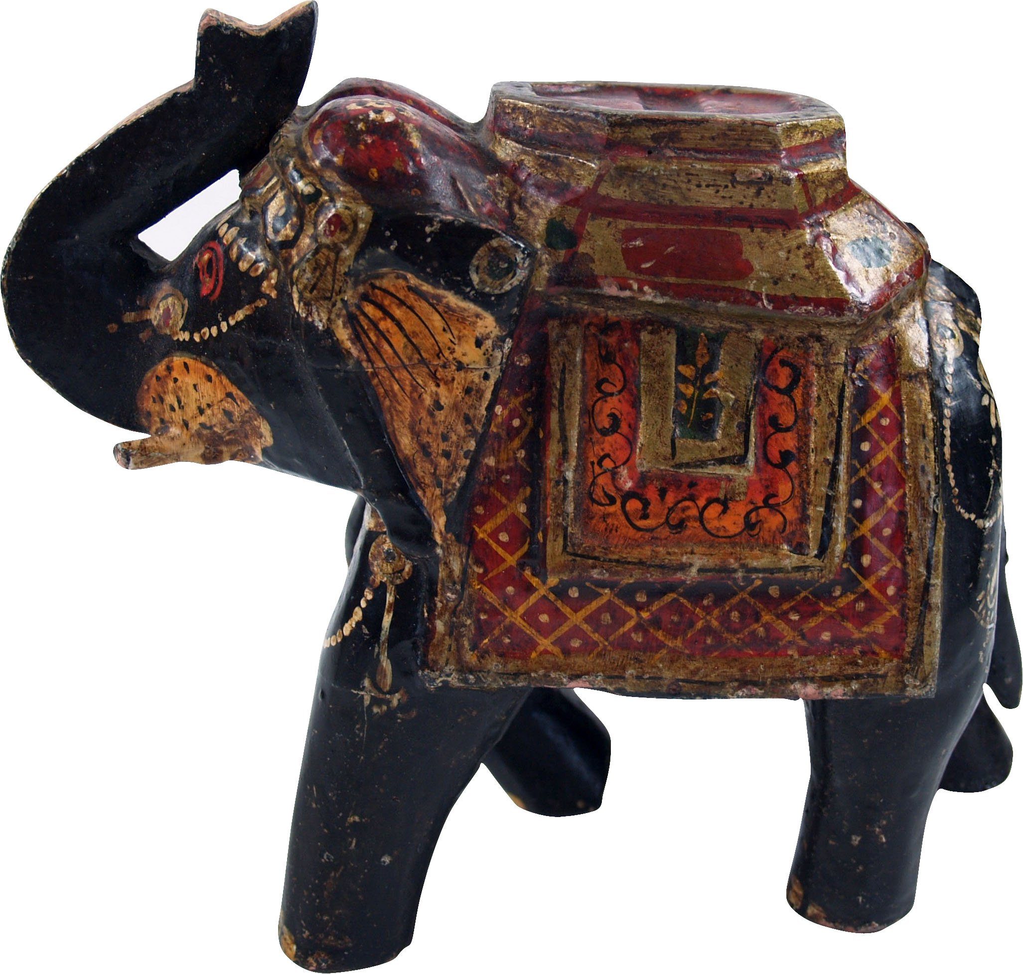 Guru-Shop Dekofigur Deko Elefant bemalter indischer.. schwarz-orange Indien, aus