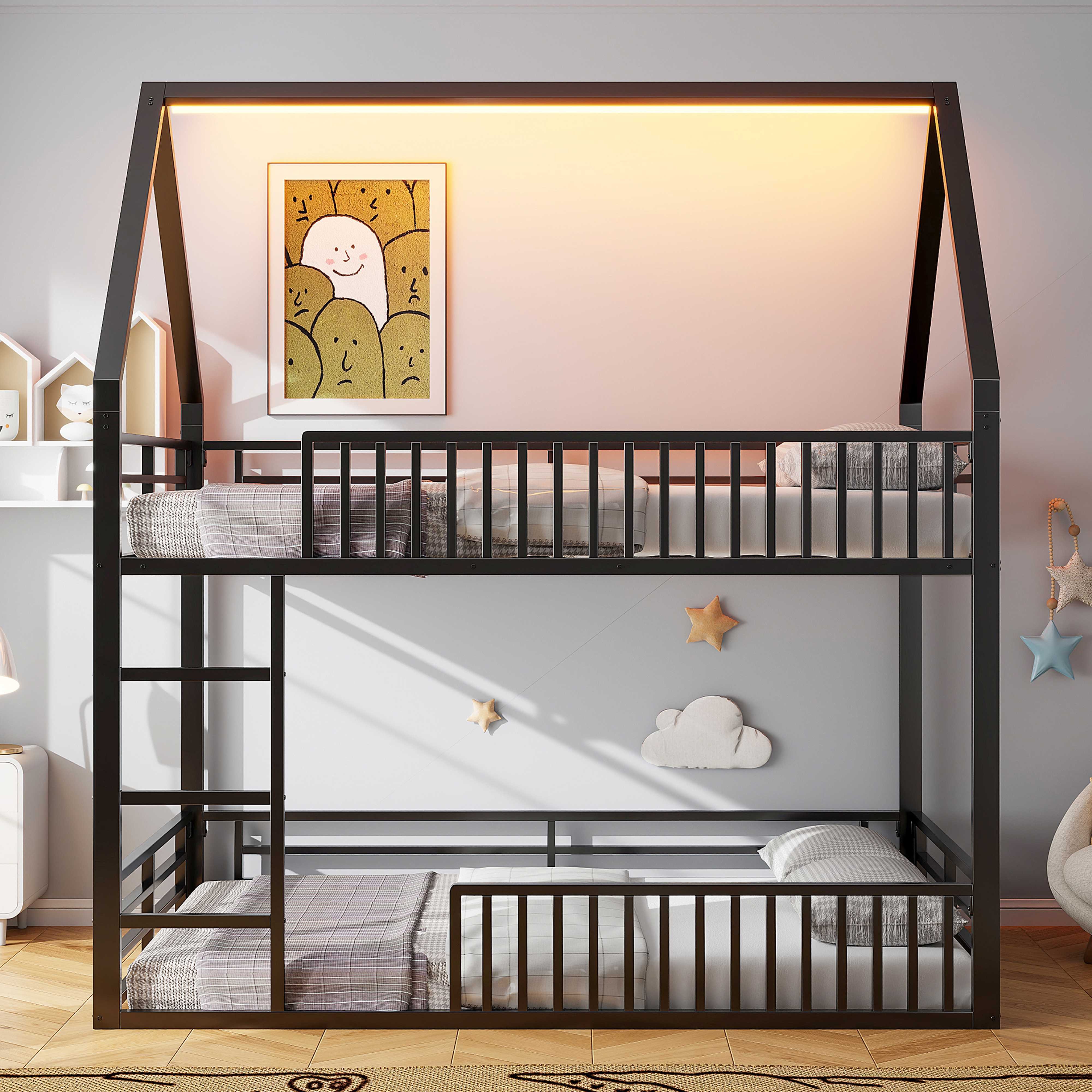 BlingBin Etagenbett Jugendbett Hausbett Familienbett (1-St., mit Zaun und LED-Licht), 140x200cm,Schwarz