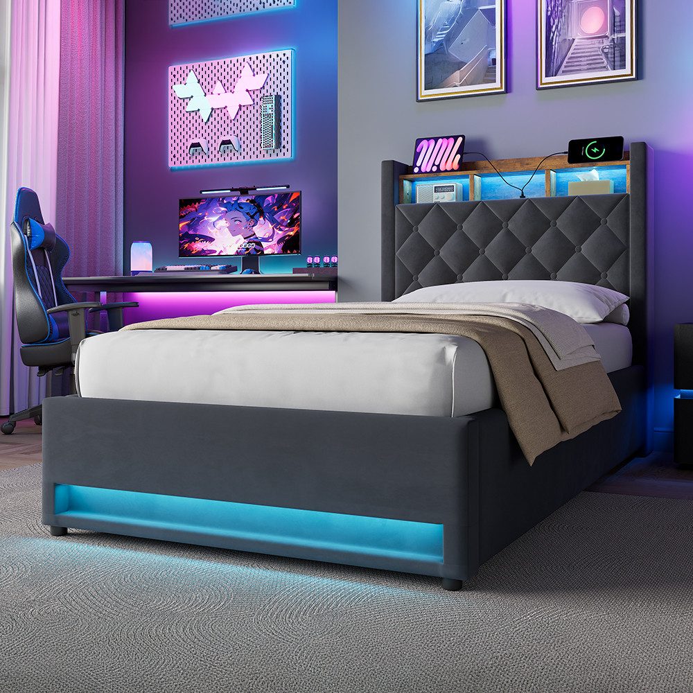 STILVORA Polsterbett mit bettkasten,Stauraumbett Boxspringbett 90×200 mit USB & LED-Licht (Funktionbett mit Hydraulikstange,Tragfähigkeit: 200kg, Strapazierfähig und schmutzabweisend,verschiedenen Farben,Metallrahmen), Bettgestell mit Lattenrost,Bequemer Samtstoff,ohne matratze