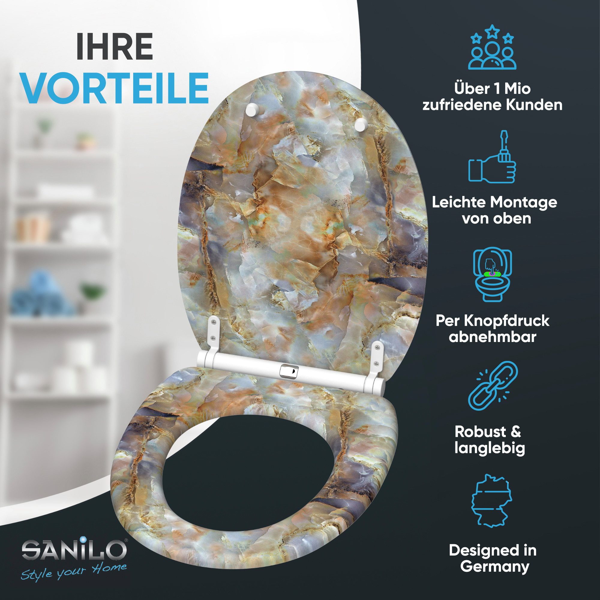Sanilo WC-Sitz Marmor Braun mit Absenkautomatik & Quick Release, Premium Toilettendeckel, abnehmbar, leichte Montage von oben